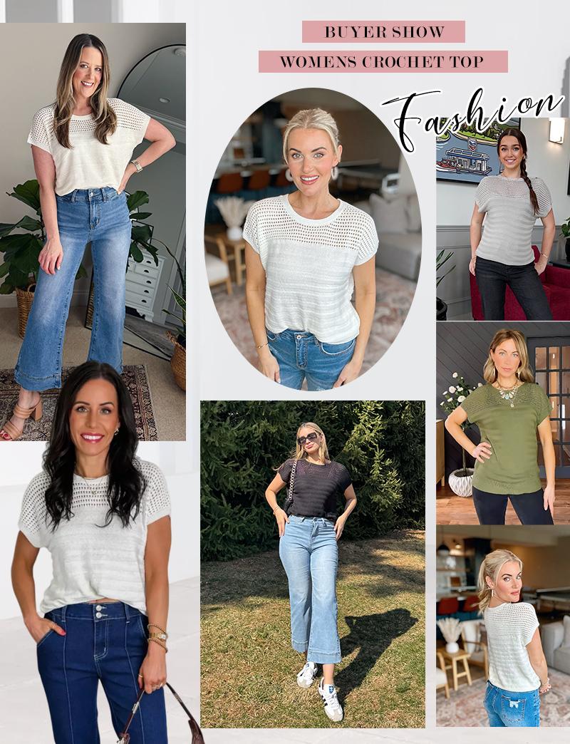 Shewin 2026 Spring/Summer Outfit Women's Crochet Sweaters Crew Neck Short Sleeve Shirts Knitwear Crewneck Tops Knit Eyelet Hollow Out T Shirts Sweater Blouses White Basic Minimalist Fitted