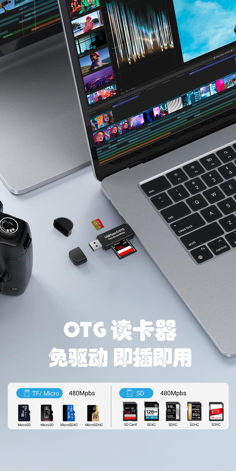 Type-C card reader, multifunctional all-in-one OTG mini TF camera SD card reader compatible with Apple and Huawei
