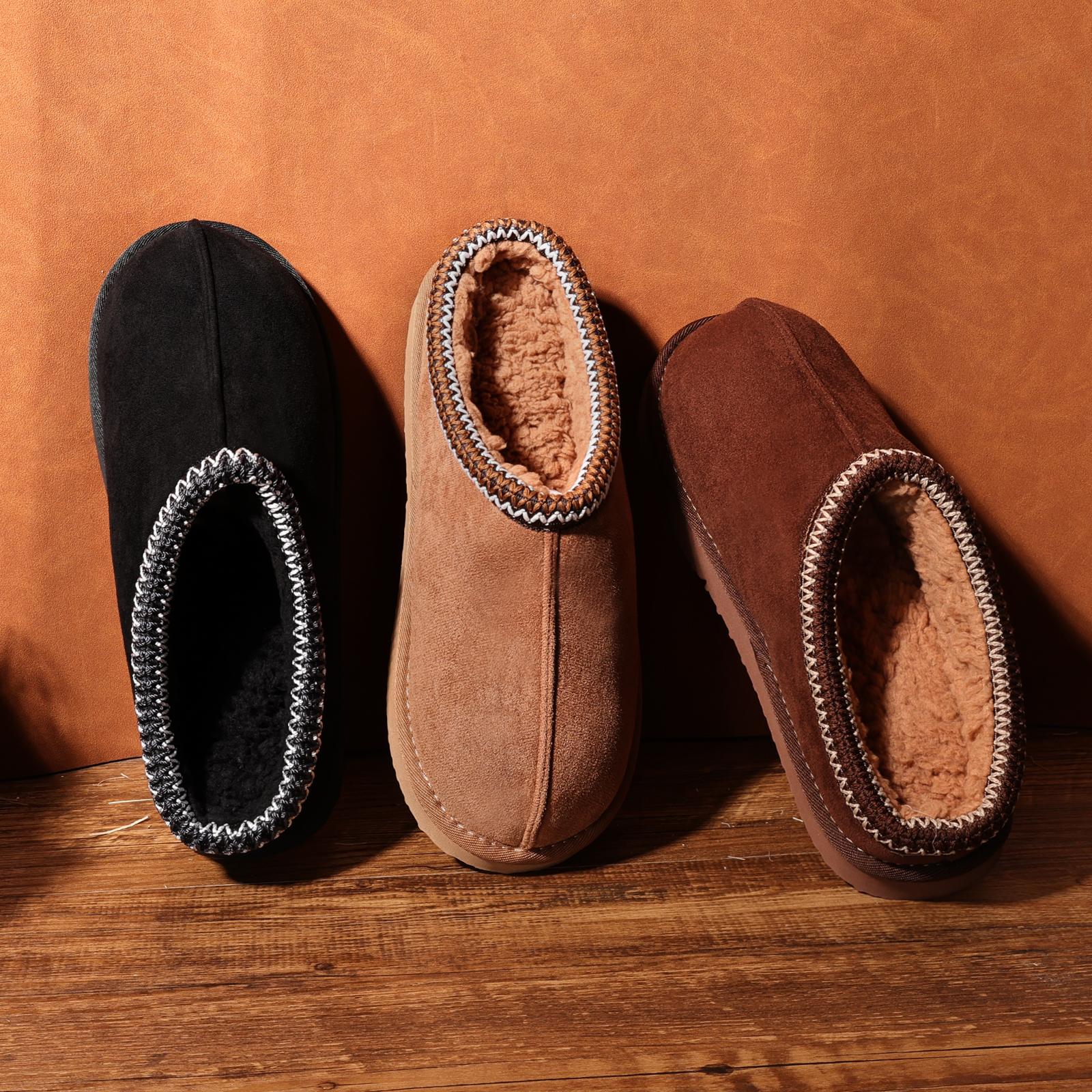 OOW Men's Fuzzy Suede Leather Slippers Winter Warm Memory Foam Non-Slip Outsole Indoor Outdoor House Shoes Chestnut Classic Decor Breathable Suede Uppers Soft Plush Lining - Footwear