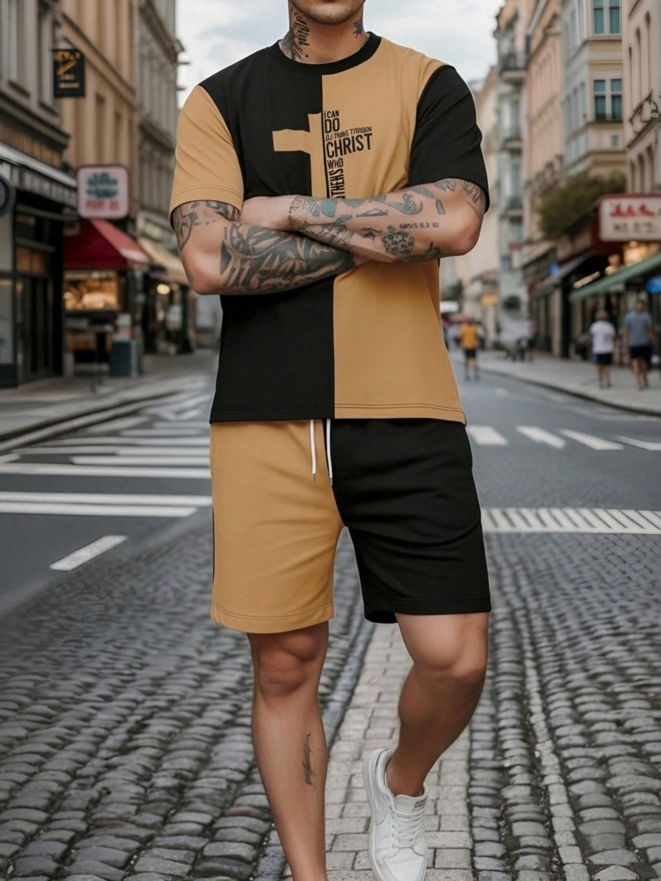 Men's Summer Letter & Cross Patchwork Print Short Sleeve T-Shirt and Shorts Set, Casual Fitted Above the Knee Suit, 2 Piece