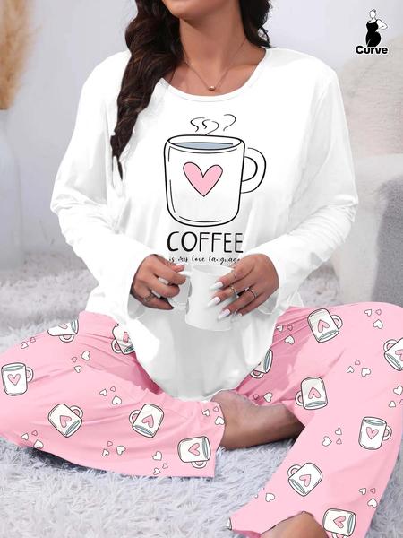 Plus Size Heart Coffee Letter Print Comfortable 2-Piece Pajama Set, Long Sleeve Top & Pants, Casual Fitted Sleepwear & Loungewear for All Seasons