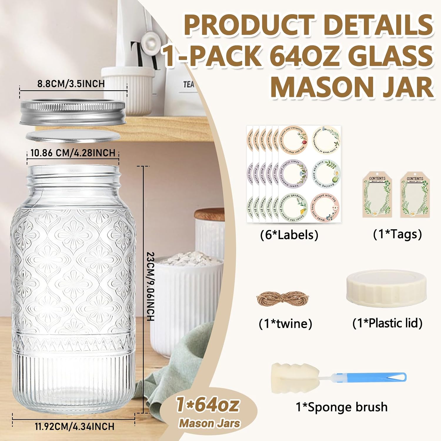 64oz Glass Mason Jars 1-Pack with Airtight Metal Split & Extra Plastic Lid | Half Gallon Wide Mouth Canning Jars, Large Glass Containers for Pantry Storage, Fermenting, Pickling, Cold Brew, DIY Projects