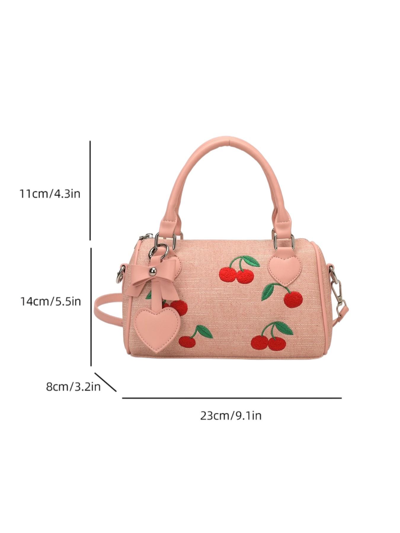Sweet Cherry Boston Bag for Women, 2026 New Handbag, Cute Pillow Bag, Fashion Commute, Heart Charm, Full Cherry Print, PU Material