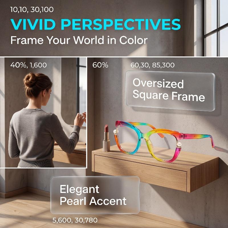 Stylish, oversized unisex glasses featuring a distinctive colorful cat-eye design, pearl accents, and a gradient frame. Equipped with metal hinges, they are ideal for computer use, reading, and everyday wear.