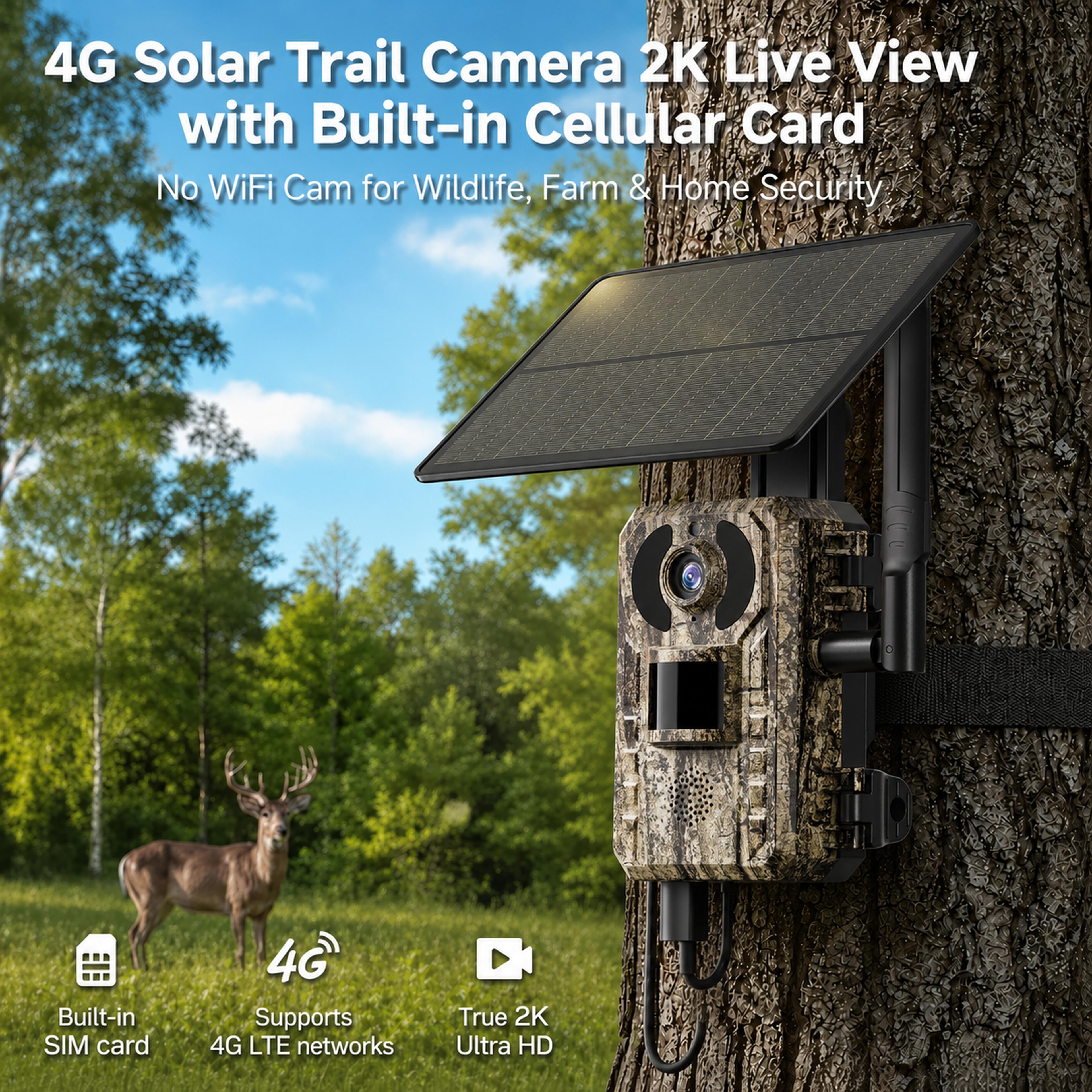 GMOX 4G LTE Solar Trail Camera for Hunting, 48MP 2K Live Feed, 0.1s Fast PIR Trigger, Low-Glow Night Vision, IP66 Waterproof, APP Remote Control, Built-in data Cellular Card (No WiFi) power cord