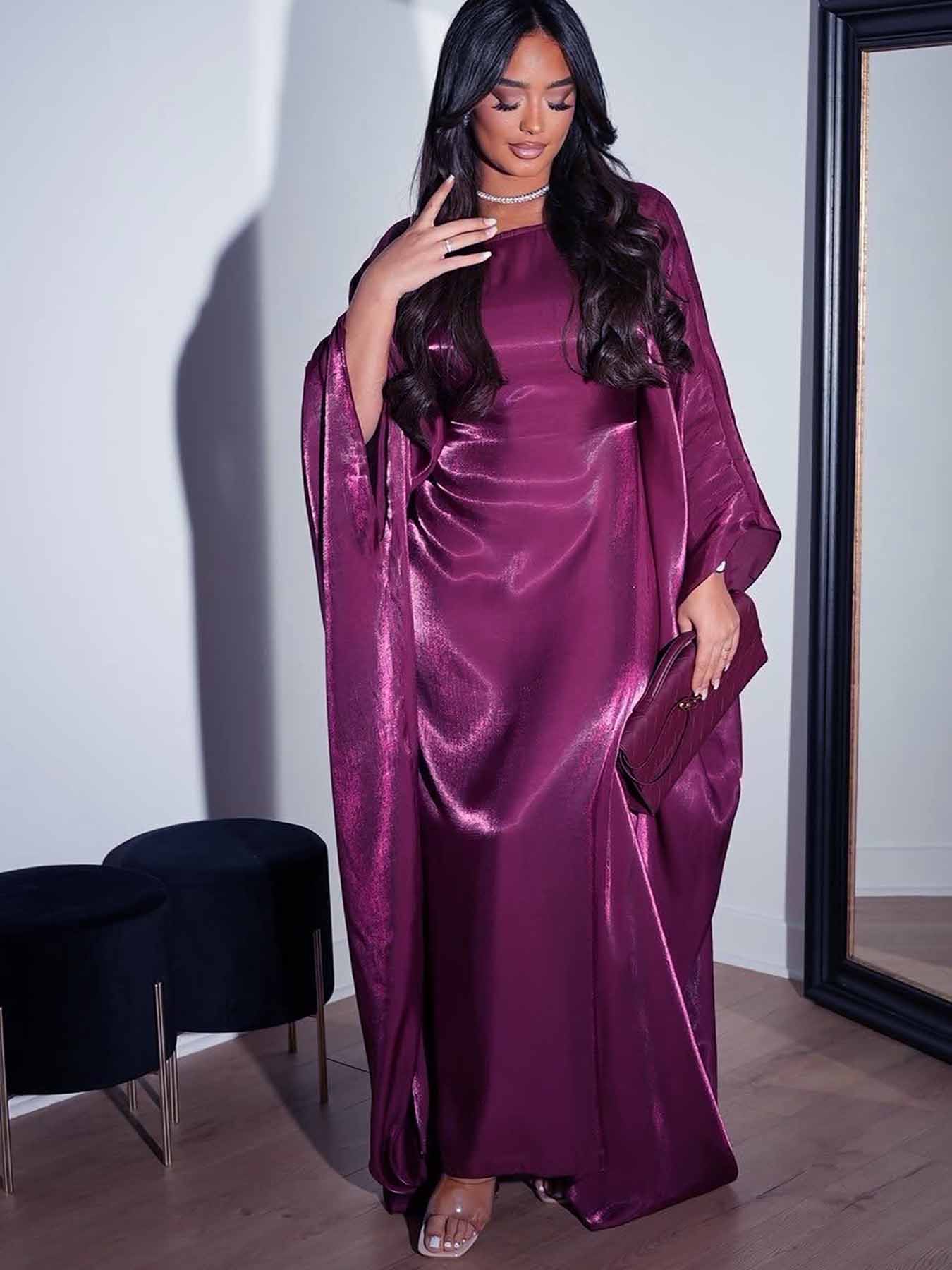 Women's Solid Color Round Neck Kaftan, Modest Fashion Long Sleeve Maxi Dress for Daily Wear, Women's Islamic Clothing for All Seasons