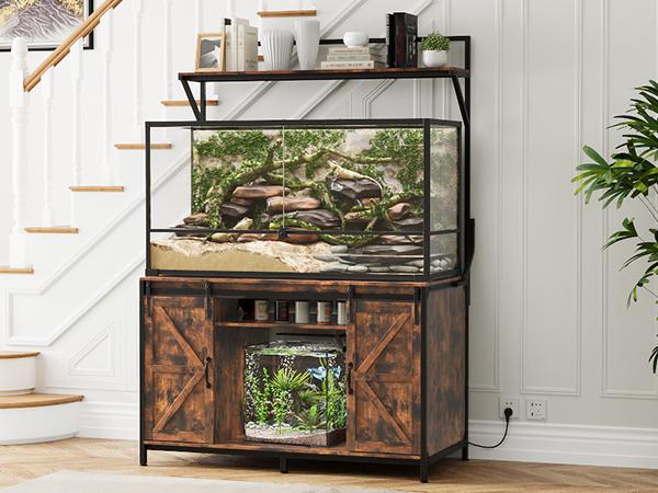 VOWNER Farmhouse Reptile Tank Stand with Power Outlet, 48" X 24" Tabletop Fits up to 120 Gallon Bearded Dragon Tank, Heavy Duty Aquarium Stand with Storage Cabinet, Reptile Turtle Terrarium Stand