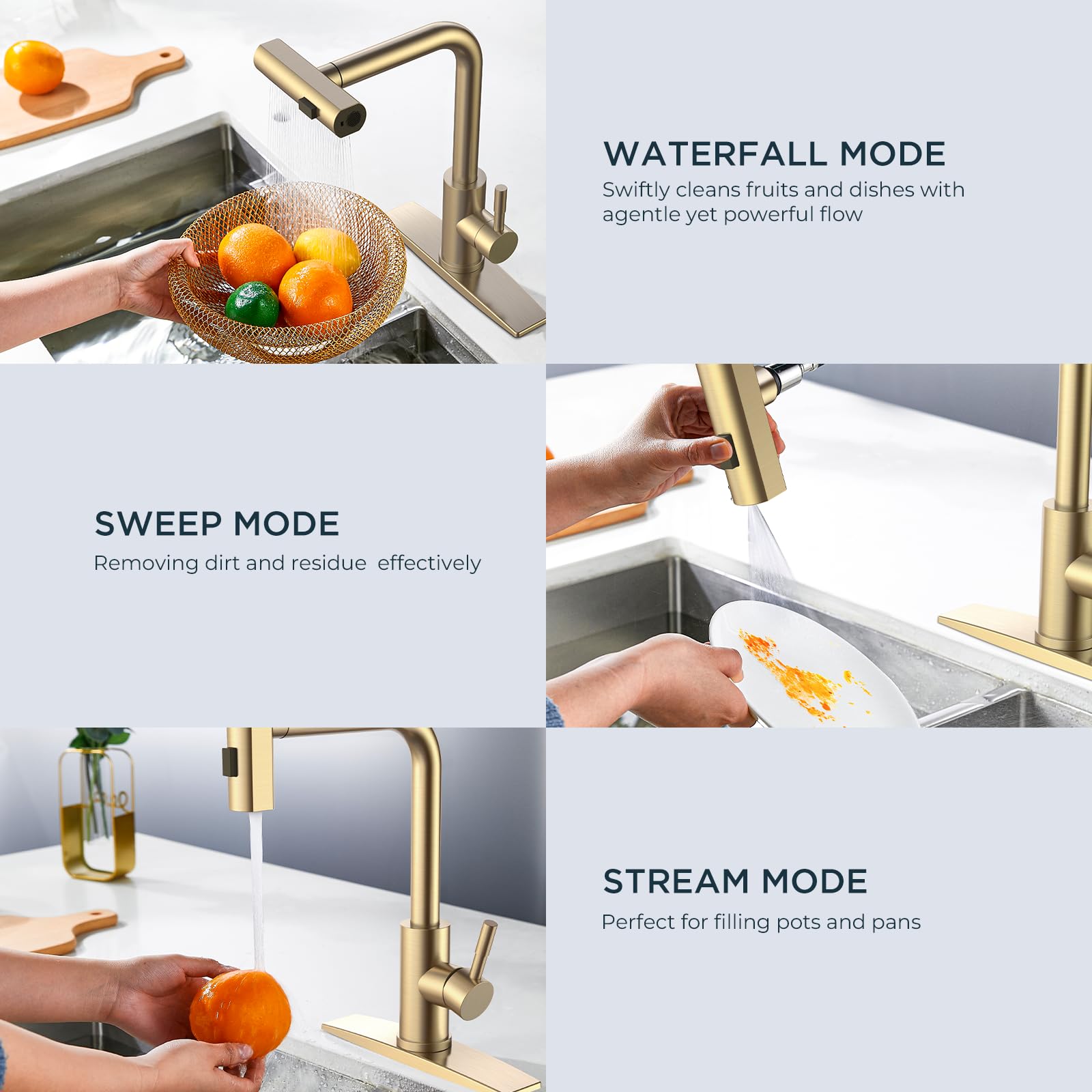 Forious Gold Elegant Kitchen Faucet with Pull Down Sprayer 1 or 3 Hole Waterfall Modern Single Handle Stainless Steel Kitchen Sink Faucets