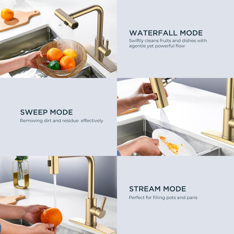 Forious Gold Elegant Kitchen Faucet with Pull Down Sprayer 1 or 3 Hole Waterfall Modern Single Handle Stainless Steel Kitchen Sink Faucets Forious Gold Elegant Kitchen Faucet with Pull Down Sprayer 1 or 3 Hole Waterfall Modern Single Handle Stainless Steel Kitchen Sink Faucets