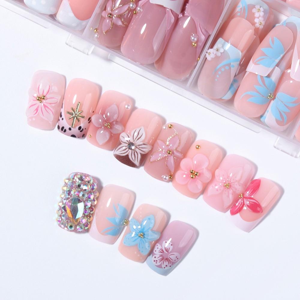 288pcs Square Press-On Nails, 3D Gel Flower, Shell, Star Designs, Medium Length, Acrylic Material, Nail Art Supplies, Perfect for Daily Use & Parties, Kawaii Nails