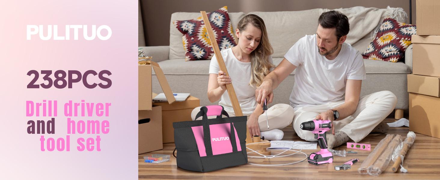PULITUO 20V Cordless Pink Drill Tool Kit Set 238-Piece Power Drill Tool Box with Battery Electric Drill Driver for Lady's Repairing Kit Toolbox Tools Sets