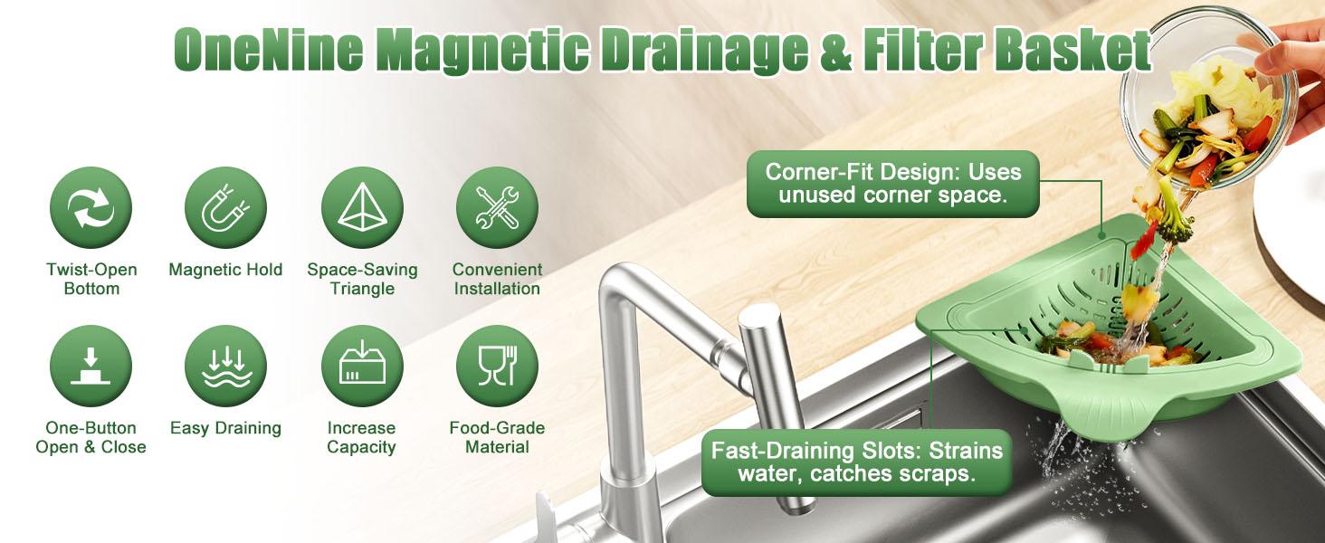 2Pcs Magnetic Triangular Sink Drain Basket, Punch-Free Corner Drain Strainer with Twist-Open Bottom, Space-Saving Kitchen Sink Organizer