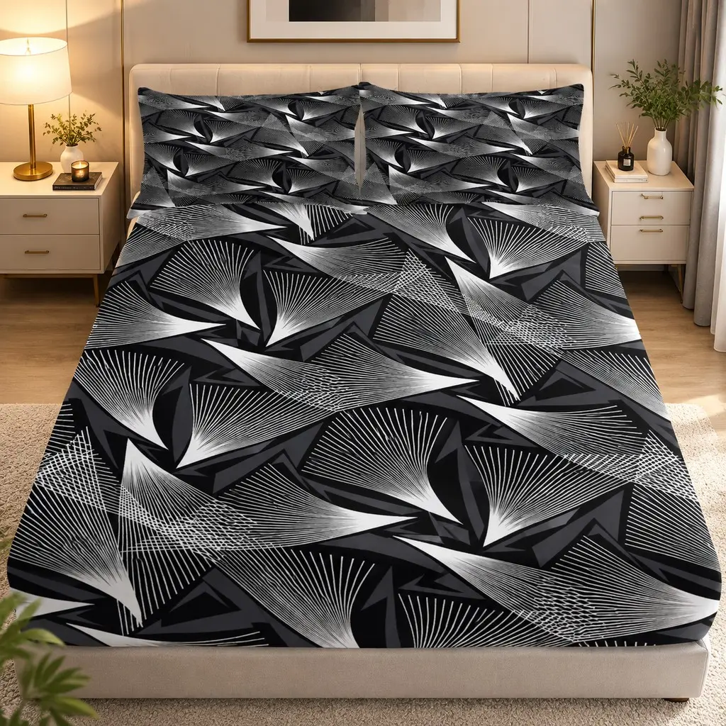 Modern art black and white abstract fan-shaped geometric pattern bedding three piece set 1 bedsheet+2 pillowcase (excluding pillow core) polyester skin friendly machine washable household bedding