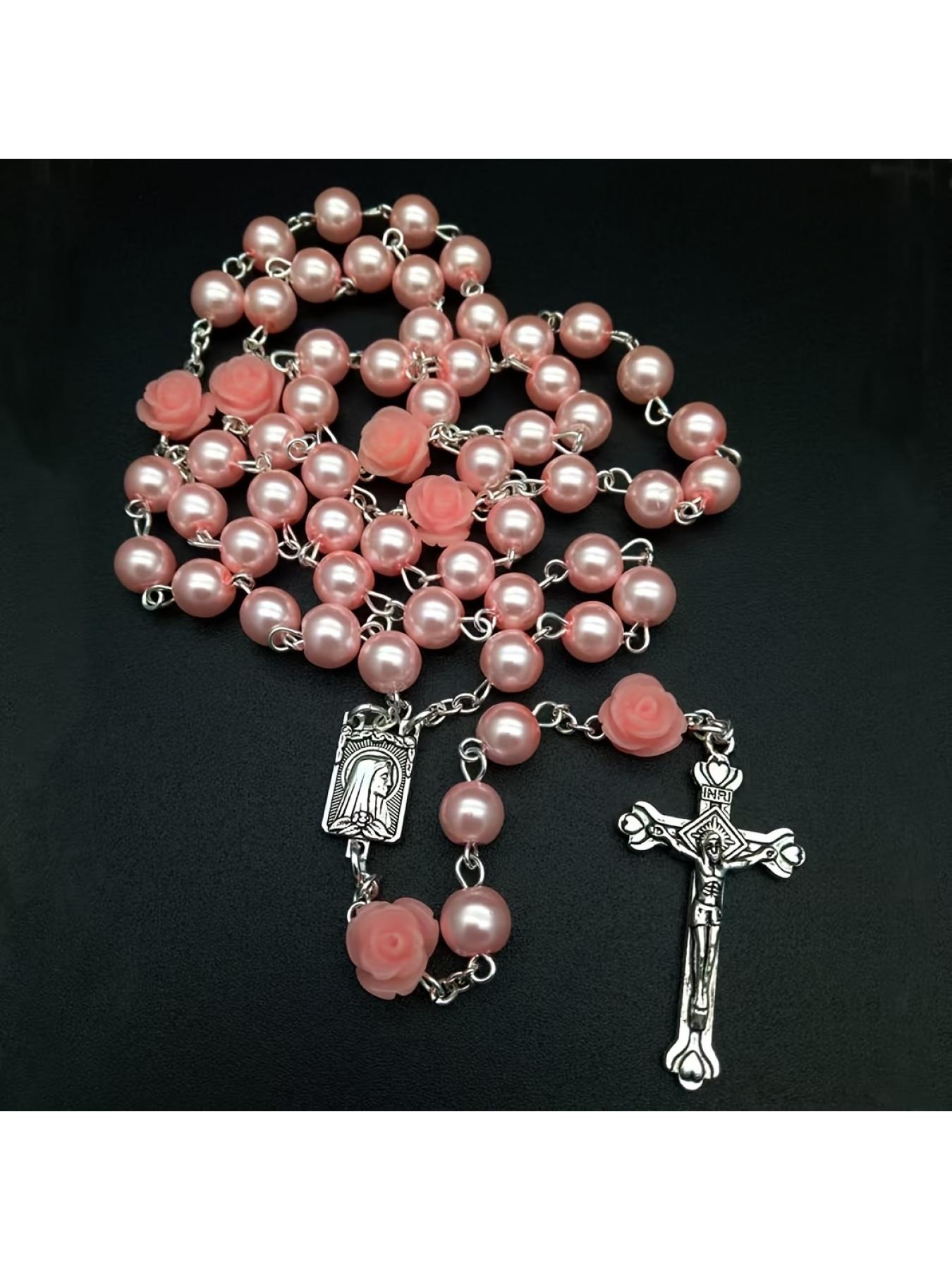 Vintage Pink Resin Beaded Rose Cross Pendant Clothing Accessories Jewelry, Light Luxury Premium Commemorative Gift for Family and Friends
