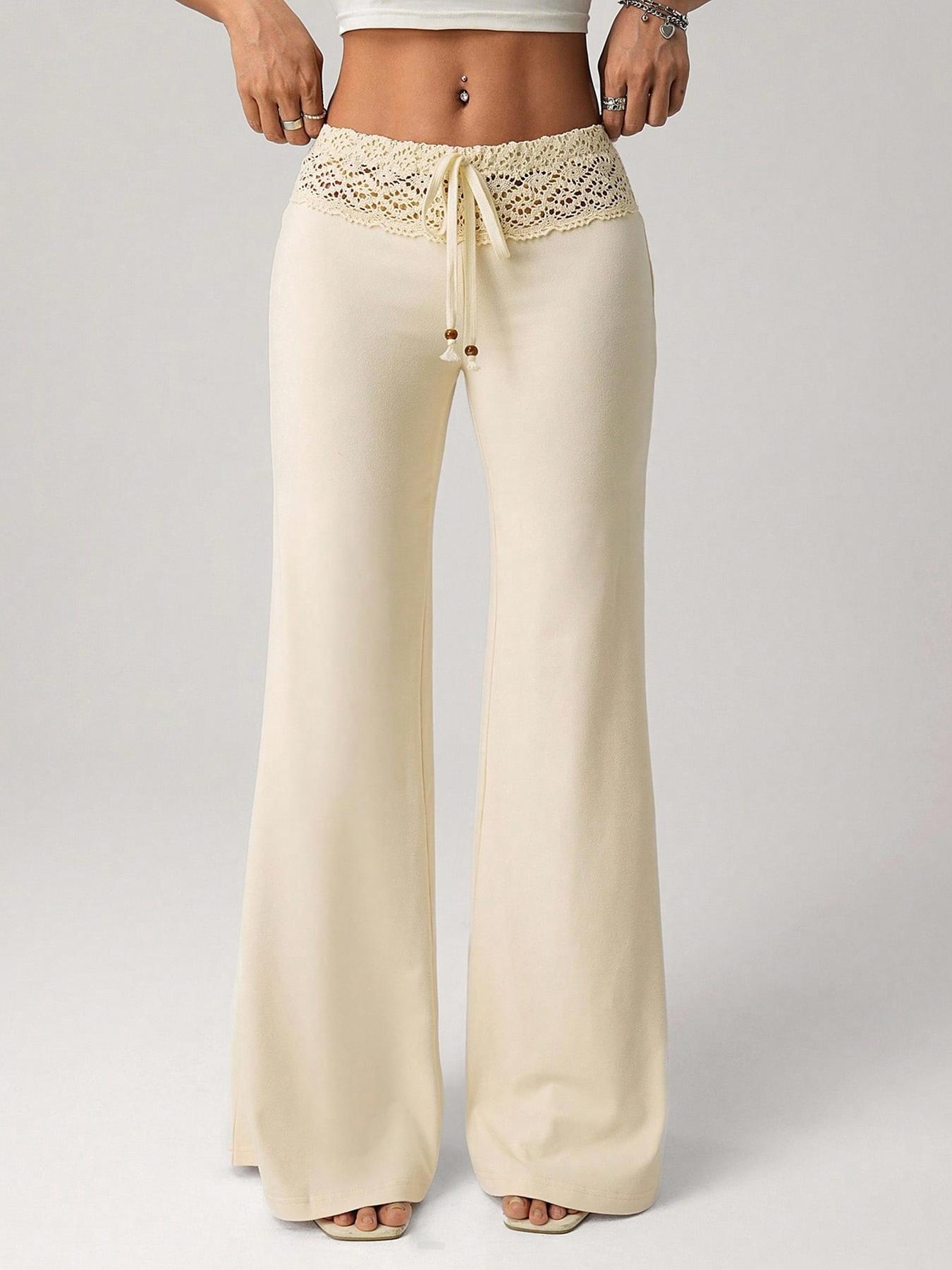 Women's Knit Beaded Drawstring Loose Casual Vacation Pants, Comfortable High Waist Trousers for Spring & Fall Seasons