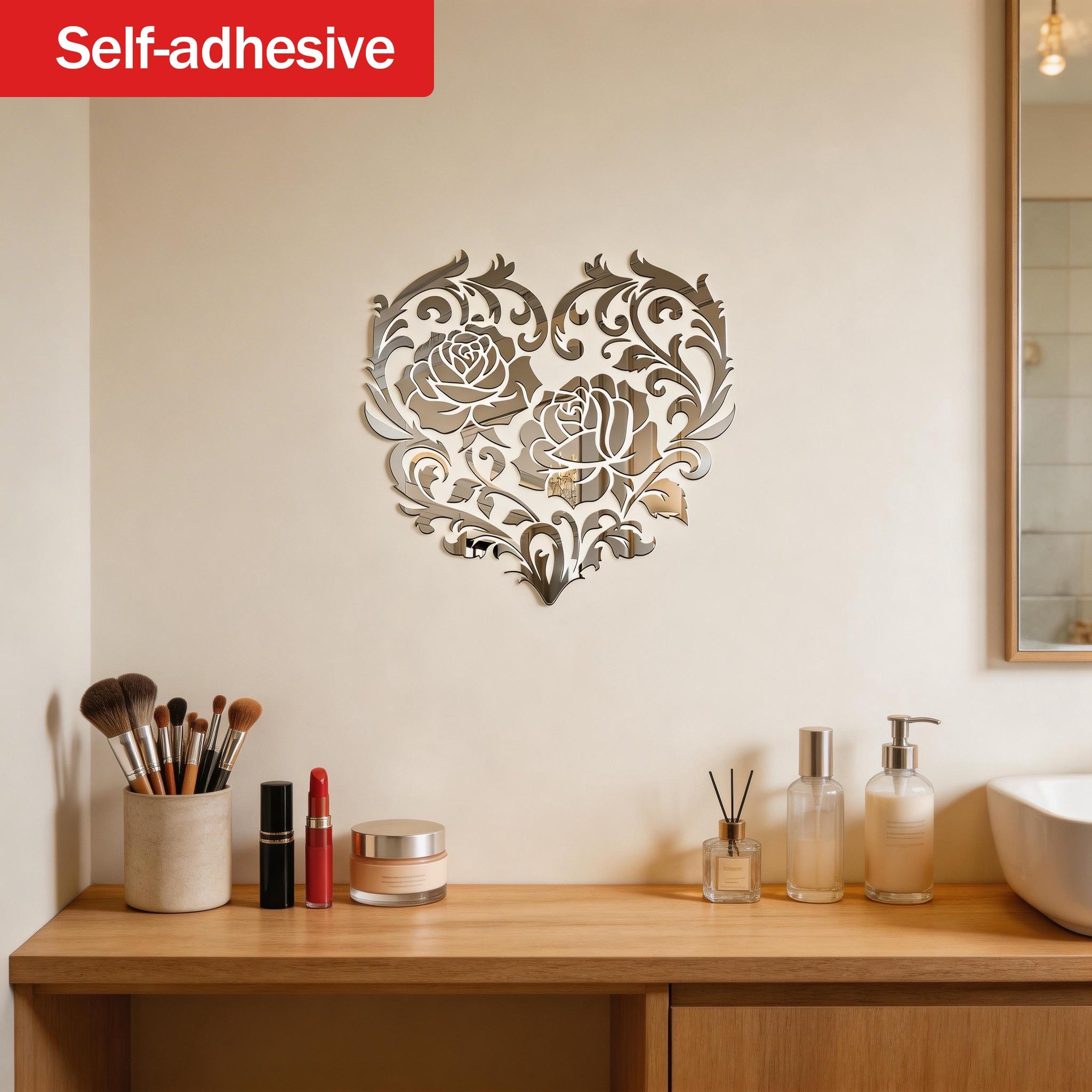 Mirror Rose Heart Art Self-Adhesive Wall Hanging Makeup Mirror, Romantic Decorative Wall Mirror for Living Room Bedroom, Luxury Atmosphere