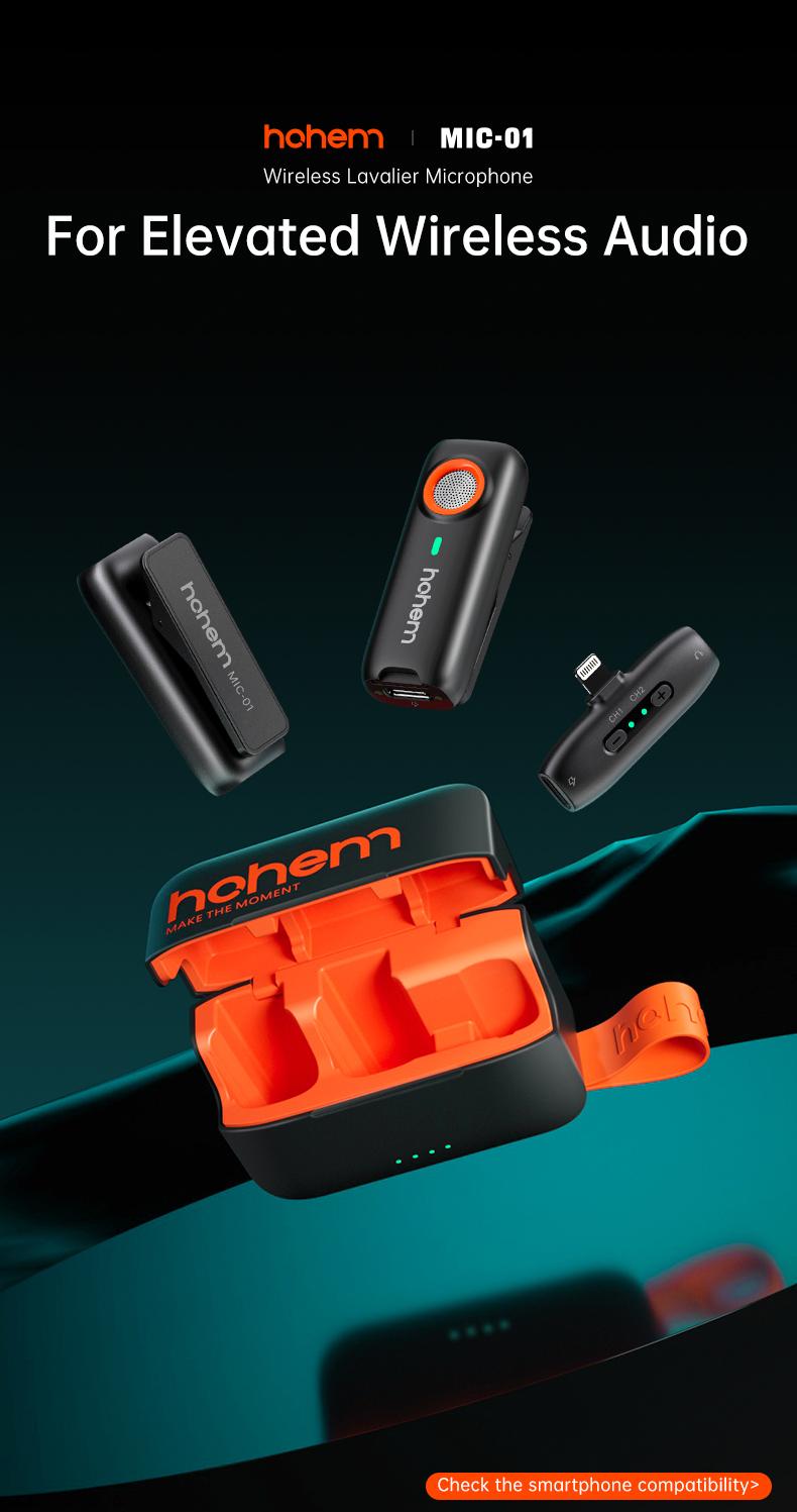 hohem MIC-01 Wireless Lavalier Microphone, DSP Noise Cancellation, 20-Hours Battery, Wireless Mircophone for Android, PC, Camera, Interview, Vlogs (2 TX + 1 RX + Charging Case),Perfect with hohem iSteady M6/ MT2/ Mobile+/Android/ Iphone 17 series