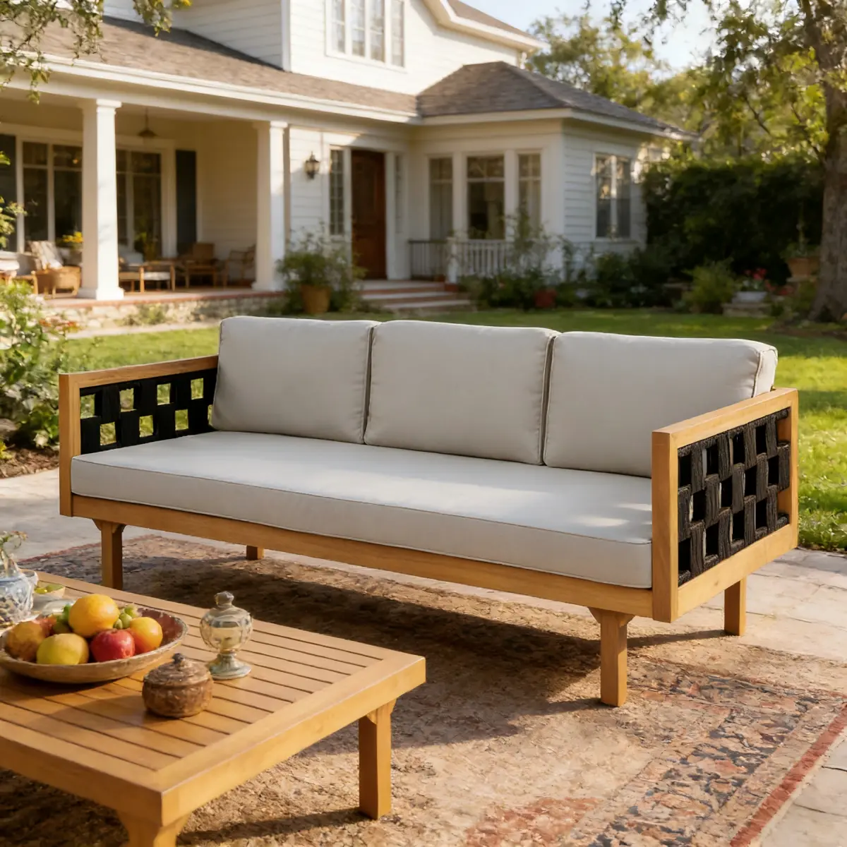 67.5" Outdoor Patio Daybed, 3 Seater Sofa Bed, Acacia Wood Couch Frame with Light Grey Cushions & Black Flat Rope,Patio Lounge Sofa for Garden Deck Backyard