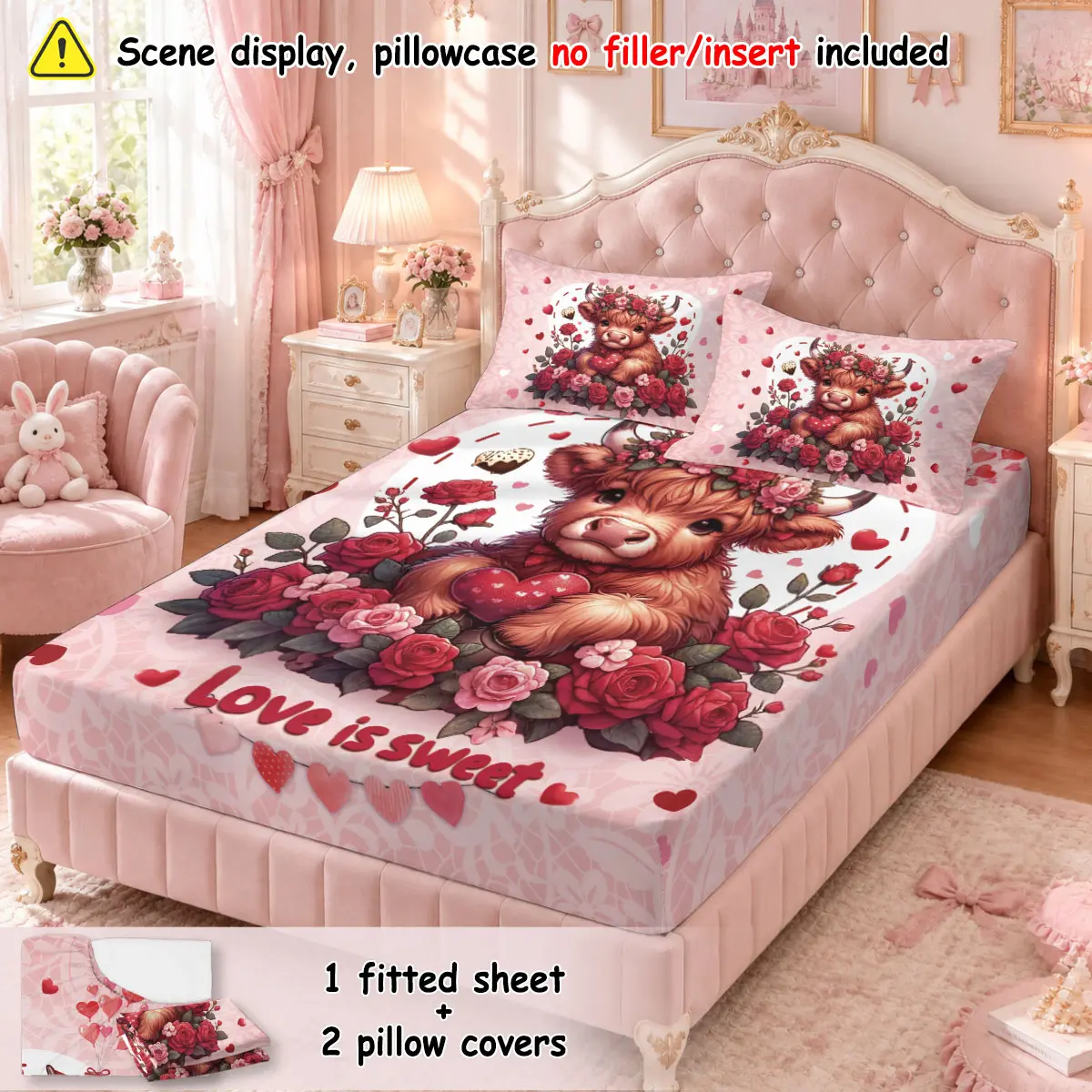 (1 fitted sheet + 2 pillowcases, no filler)Sweet Cute Highland Cattle,Polyester fitted sheet 3-piece bedding set, machine washable, anti-shrink & anti-deform, durable bedding supplies for bedroom and dormitory