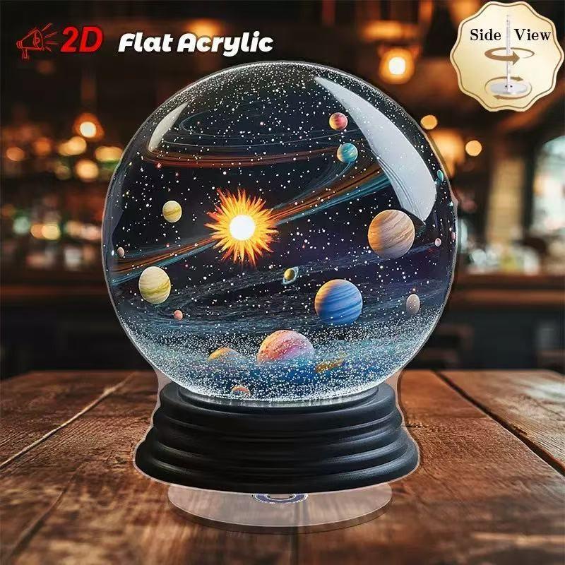 Rotating Solar System Crystal Snow Globe, 2D Acrylic Moon Desktop Decor, Gifts for Astronomy Lovers and Space Enthusiasts