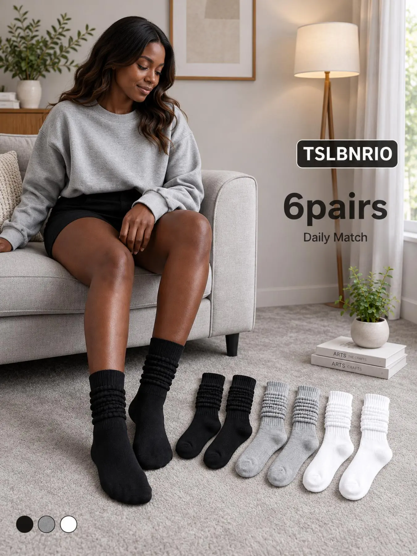 6 Pairs White Black Gray Slouch Crew Socks, 2 Pairs Each Color, Ribbed Casual Socks for Sneakers, Jeans, Skirts and Daily Streetwear