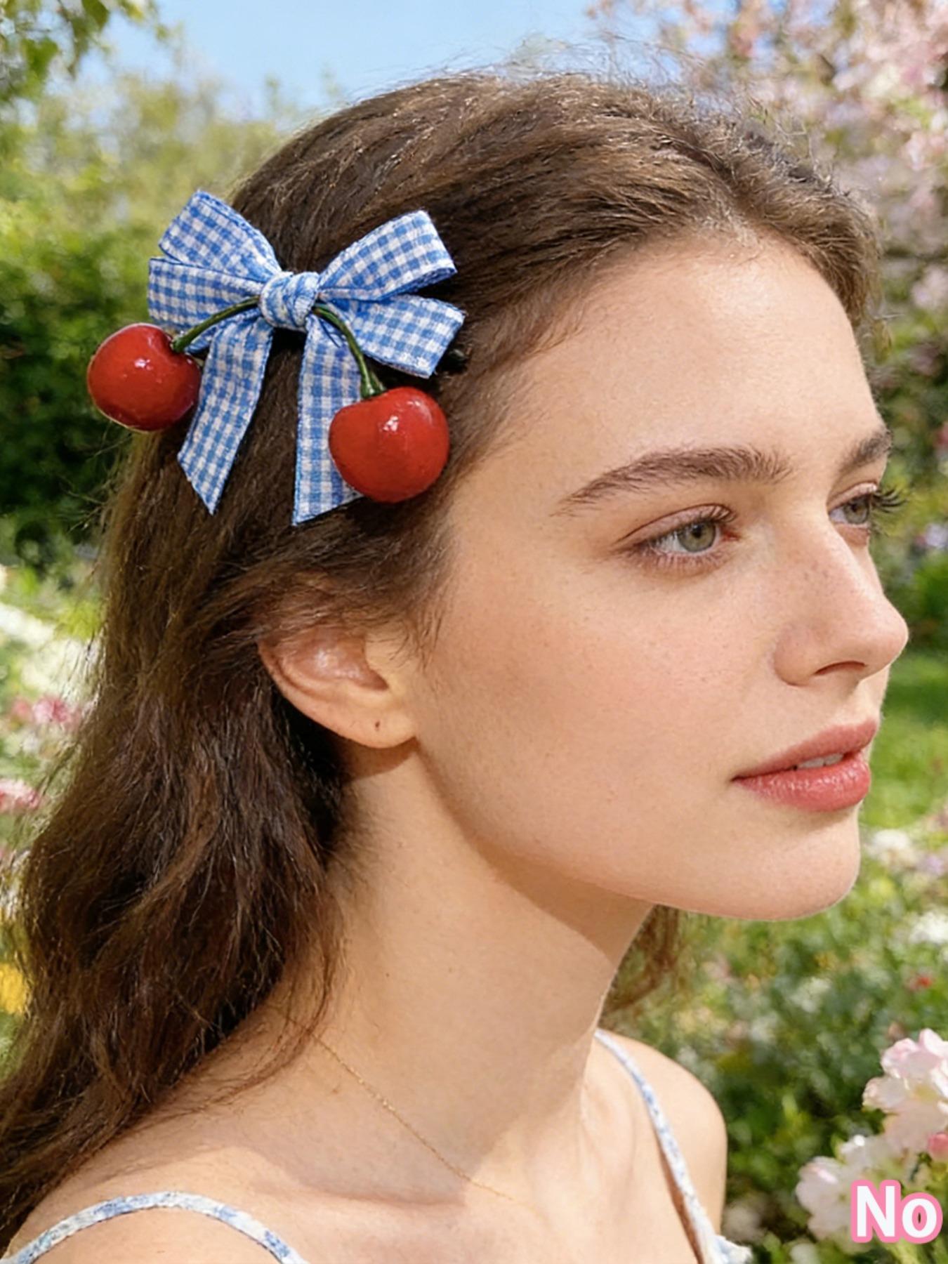2pcs - French sweet cherry bow hair clips set, includes duckbill clips, women's hair clips, Y2K style for women & kids. Perfect for daily dates, picnics, photoshoots, school wear and festival parties.