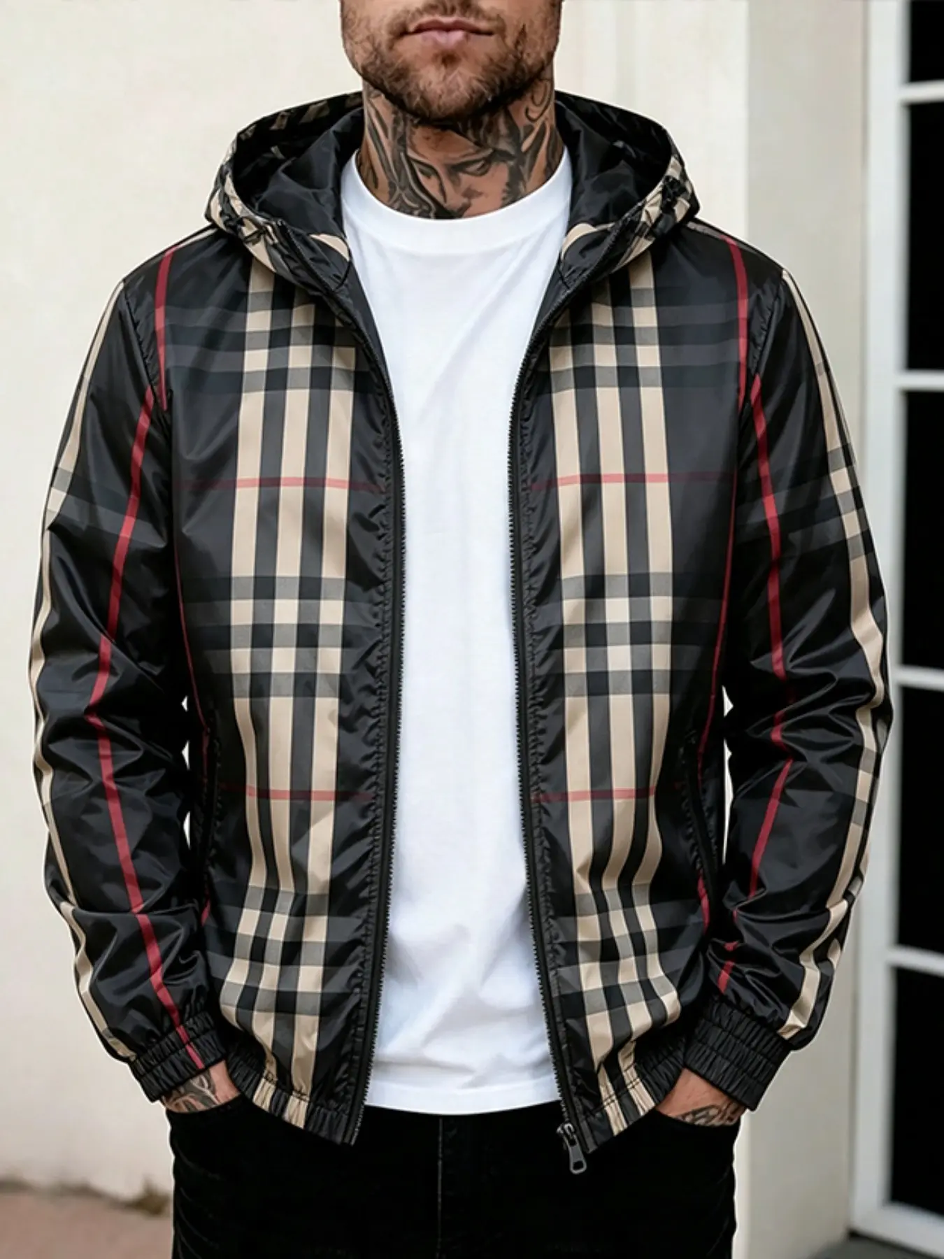 Men's Hooded Plaid Jacket, Classic Colorblock Fabric, Full Zip Design, Elastic Waist & Sleeves, Casual Everyday Wear, Stylish Men's