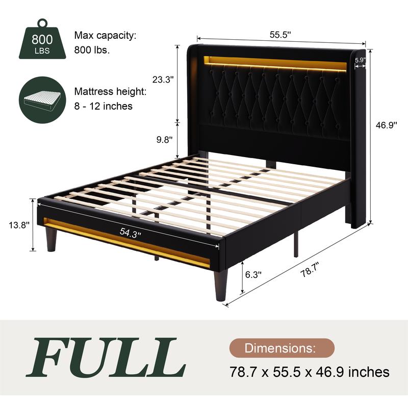SHA CERLIN LED Bed Frame with Velvet Upholstered Diamond-Tufted Headboard,Platform Bed Base with Outlets【No Mattress】Full/King/Queen Bed Frame,No Box Spring Needed#ChristmasGifts#TikTokShopBlackFriday