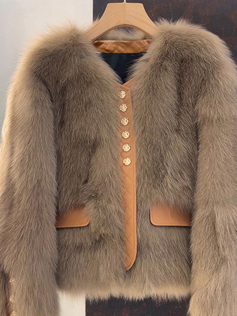 Women's Faux Fox Fur Coat, Short Autumn Winter Coat with Contrast Trim, New Korean Style Patchwork Outerwear Jackets