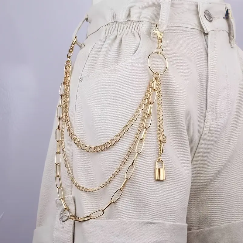 Multi Layer Metal Pants Chain 1 Pc, Alloy Waist Chain in Silver & Gold, Lock & Key Pendant Decor, Trendy Street Style Accessory for Jeans Casual Pants, Daily & Party Outfits