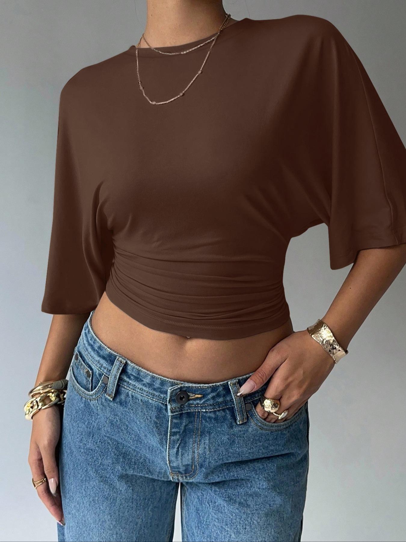 Women's Summer Basic, Simple Stylish Batwing Sleeve Ruched Short Top T-shirt, Relaxed Hem Soft Elastic T-shirt, Trendy Y2K Stretchy Knitted Crew Neck Top, Womenswear