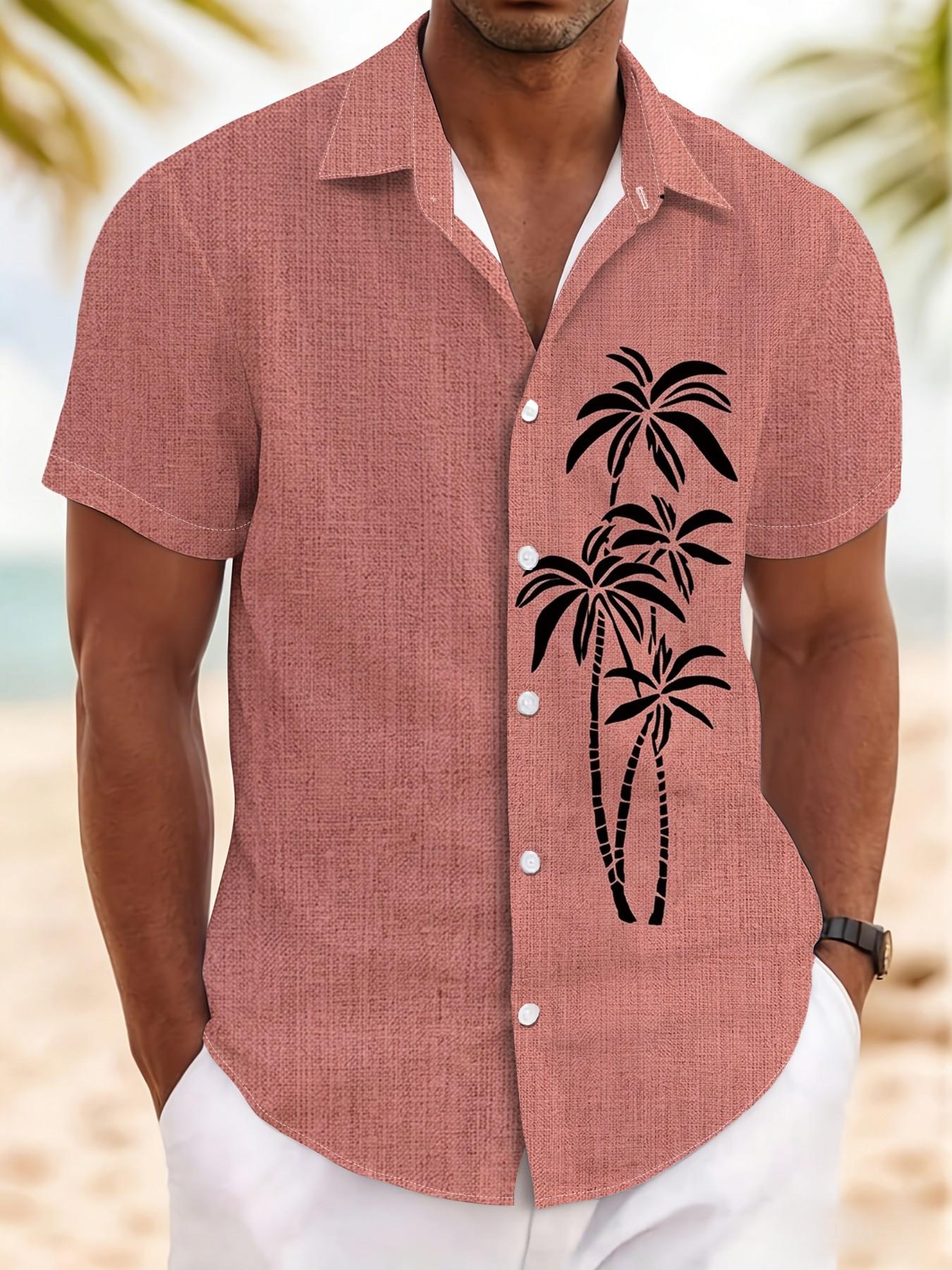 New Summer Men's Short Sleeve Shirt, Vintage Linen Texture Coconut Tree Print, Casual Breathable Beach Holiday Hawaiian Shirt