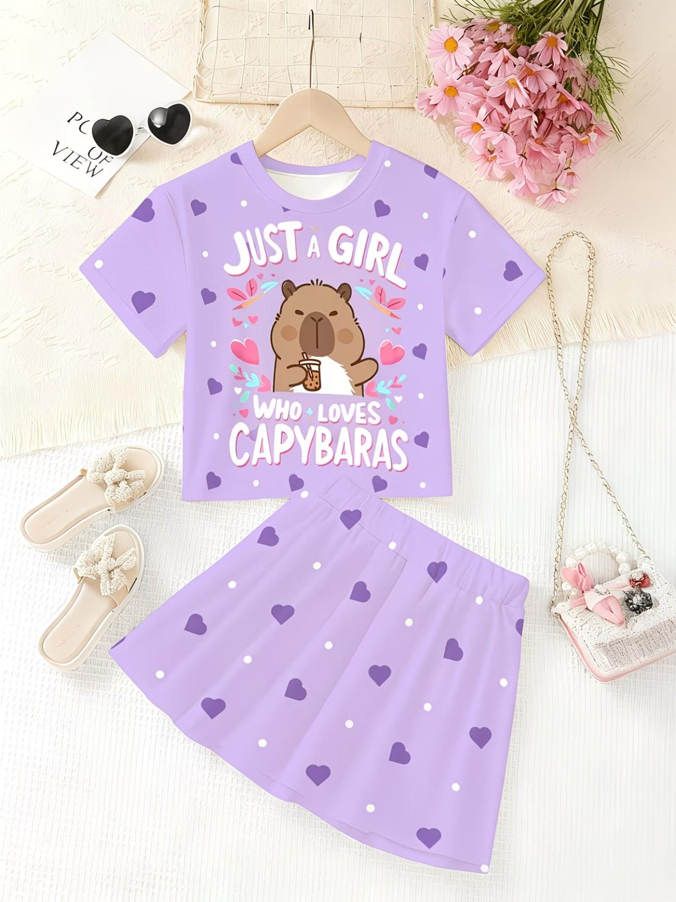 Girls' 3D Printed Capybara Heart Pattern Top and Skirt Set, Summer Casual Slim-Fitting Round Neck Short Sleeve