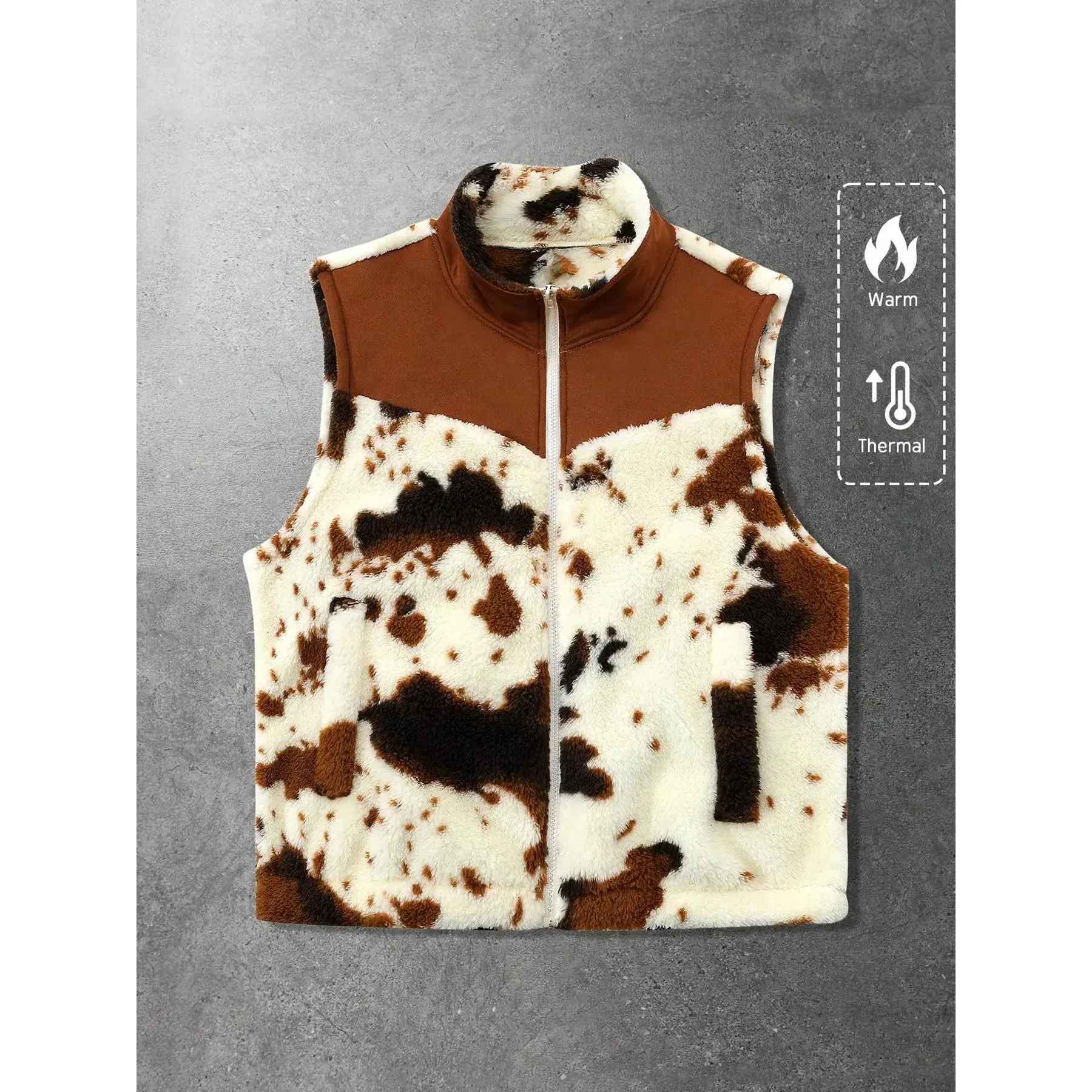 Unisex Cow Print Lamb Fur Sleeveless Vest - Western Streetwear Gilet, Warm Thermal Zip Front Casual Waistcoat Outerwear