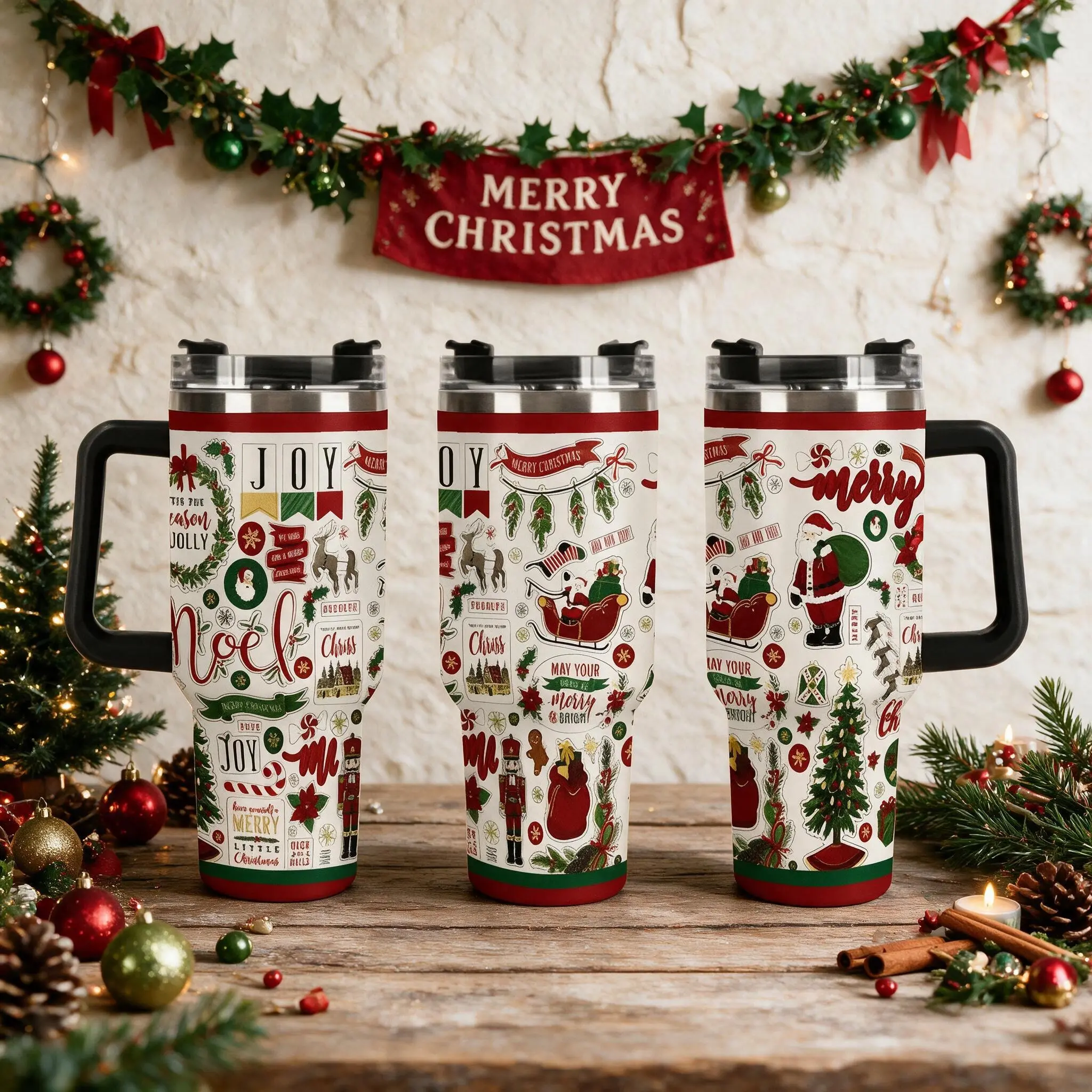 40oz Christmas Collage Tumbler With Handle, 2D Flat Printed Santa Claus Nutcracker Reindeer Pattern, Stainless Steel Insulated Travel Cup, Merry Christmas Holiday Gift For Family Friends