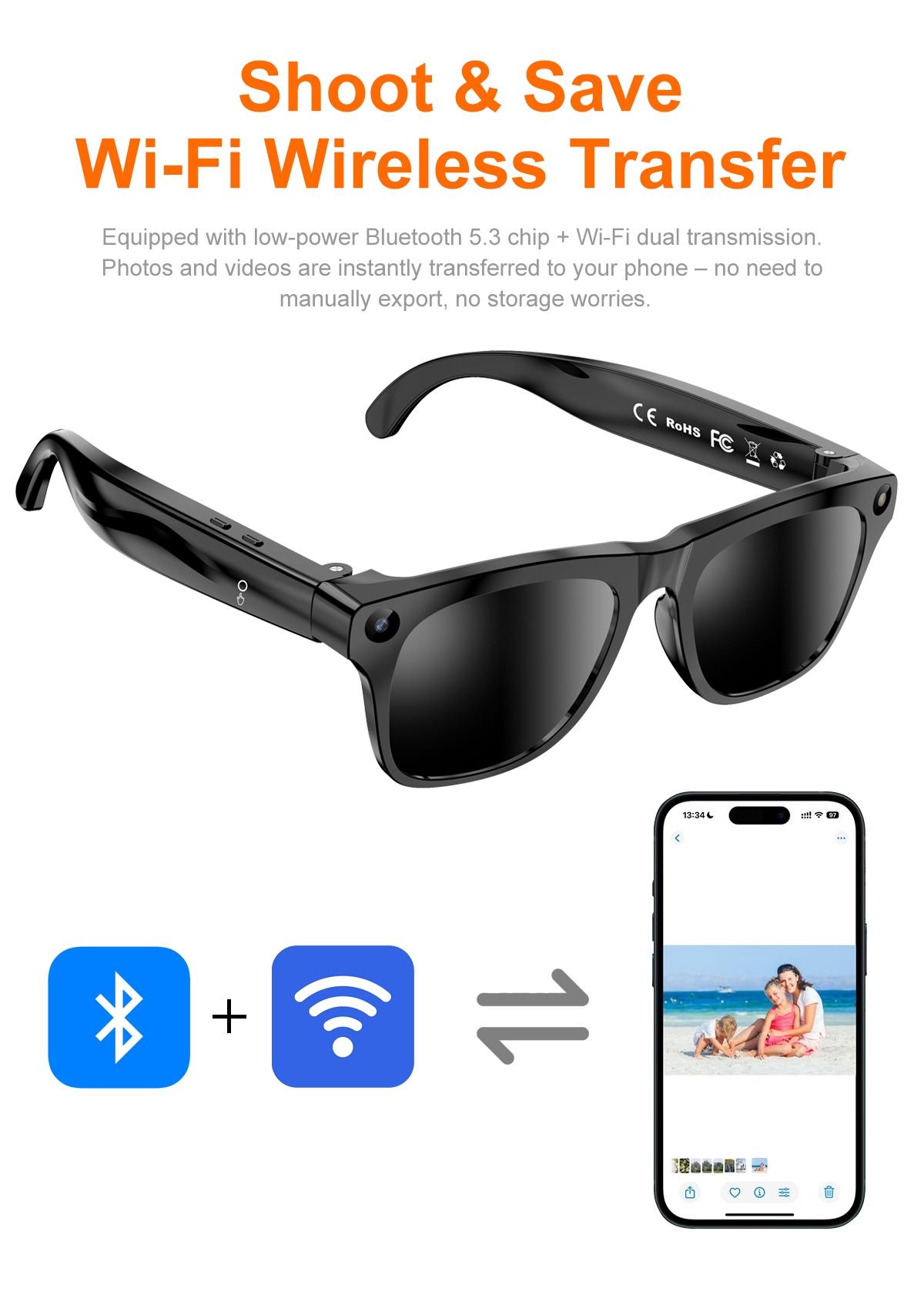 Smart Glasses with Camera for Sport,8MP Camera,One Click Audio Recording,First-Person Photo Video Shooting,Bluetooth Calling & Music Playback,AI Smart Translation and Simultaneous Interpretation ,WiFi Transfer, 290Mah Battery ,3Lenses Total