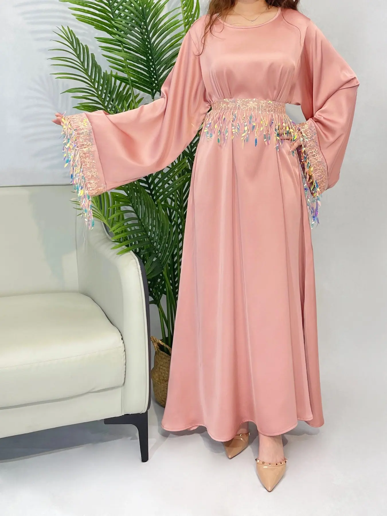 Elegant Feather Sequin Fringe Modest Abaya Dress with Belt, Perfect for Parties, Daily Wear, Home, Dates, Stylish Long Robe, Belted Abaya Dress