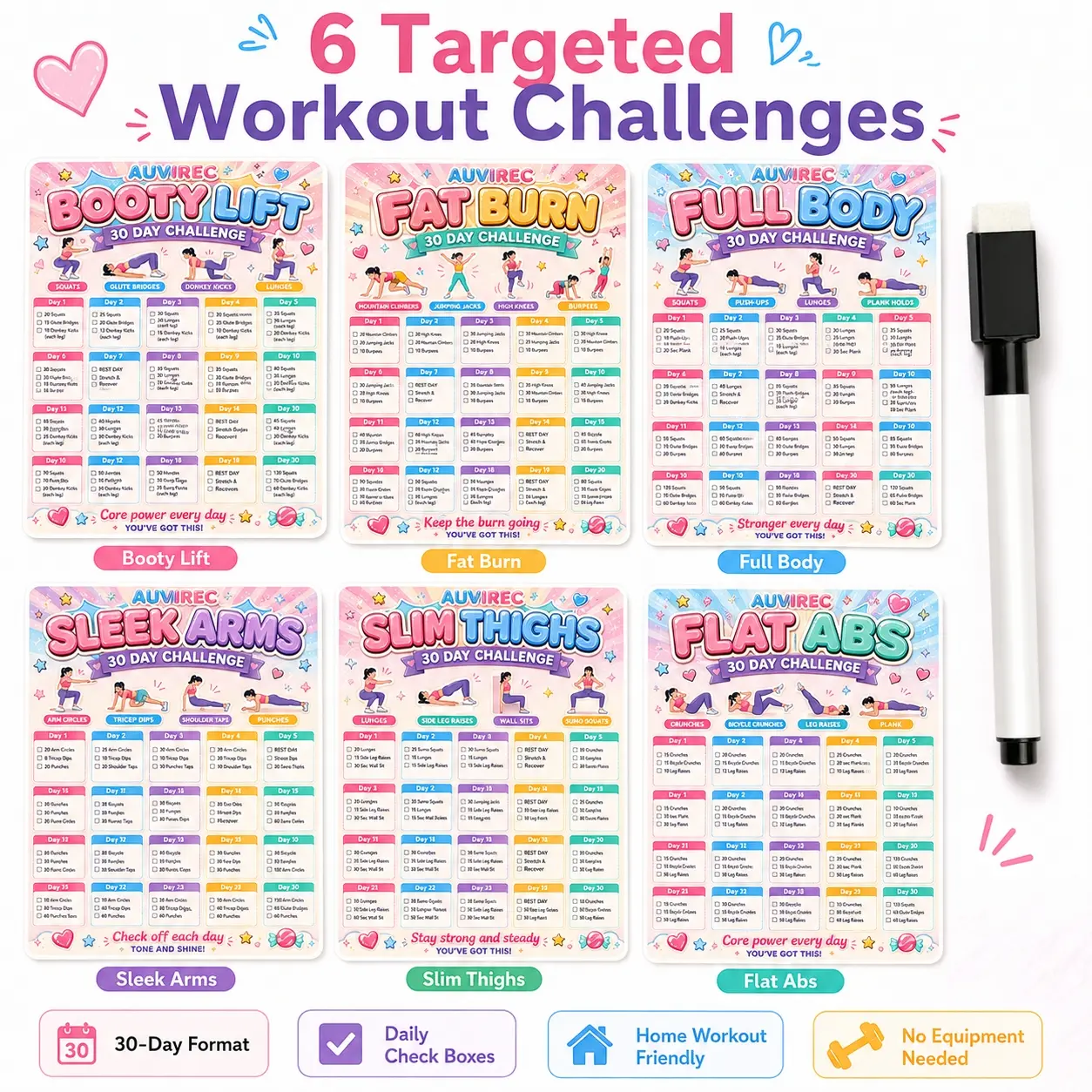 Auvirec 30-Day Reusable Fitness Tracker Set, 6 Pet Challenge Cards + Erasable Marker, Home Workout Log, Smooth Surface Compatible