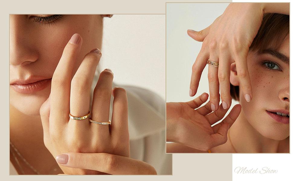 Gold Plated Rings for Women Non Tarnish Stackable Cubic Zirconia Rings Dainty Pinky Ring Set Size 5 to 10