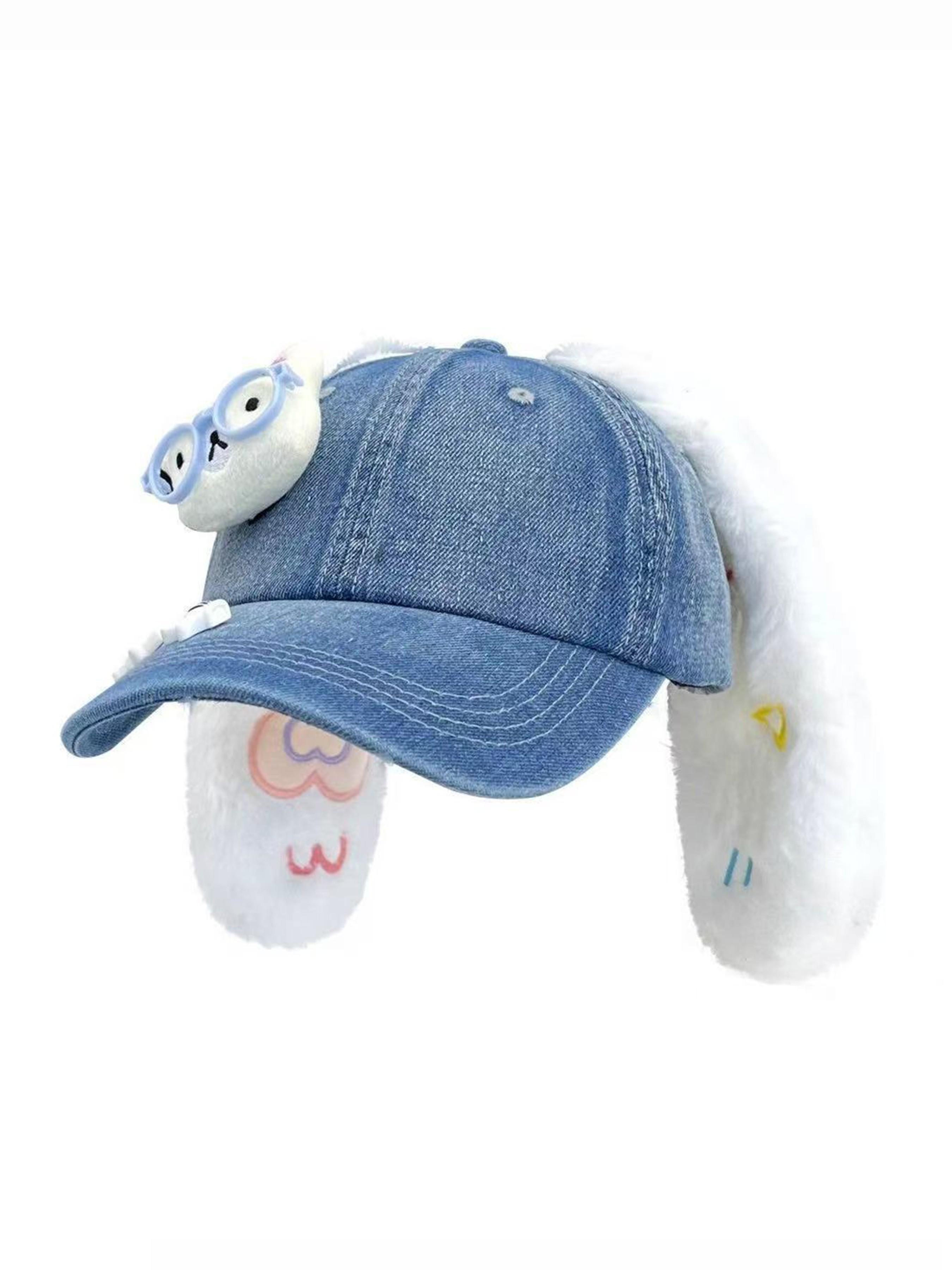Cute Bunny Ear Baseball Cap, Plush Ears and Cartoon Animal Patch, Easter Rabbit Ear Hat, Casual Fitted Style, All Seasons