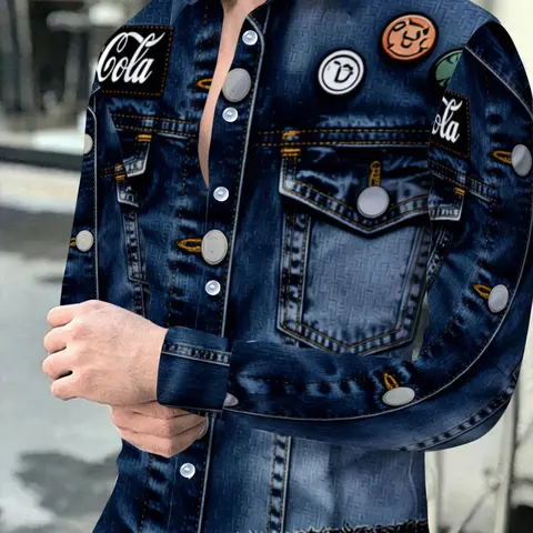 2026 New Men's Denim-Effect Print Oversized Long Sleeve Shirt, Casual Stylish Collared Top, Casual Button Front, Bootleg Inspired Shirt