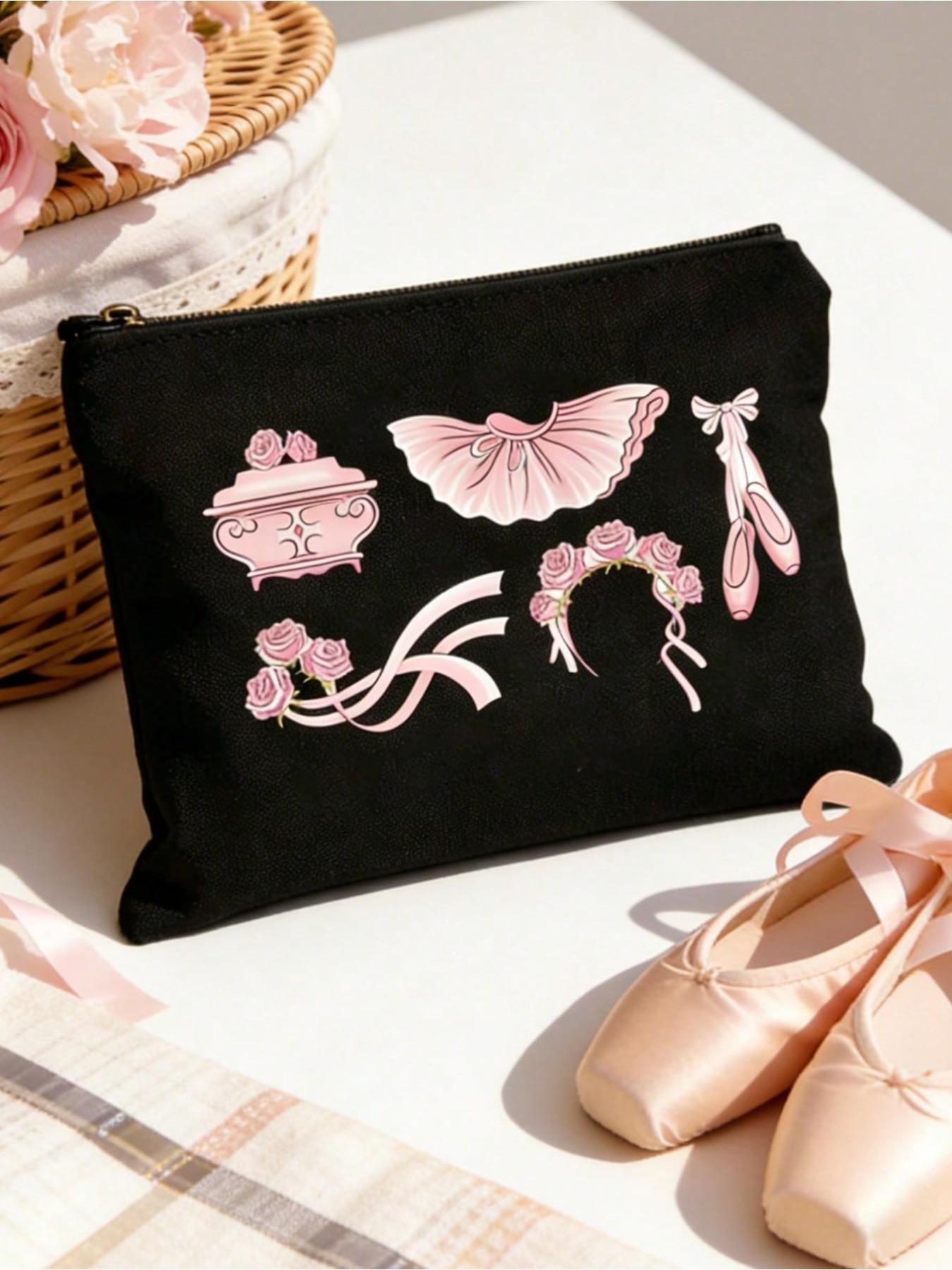Ballet Pattern Women's Black Makeup Storage Bag, Handbag, Zippered Canvas Bag, Cute Retro Ballet Skirt, Dance Shoes, Rose Element, Bow Element, Vacation Bag, Large Capacity Storage Bag,