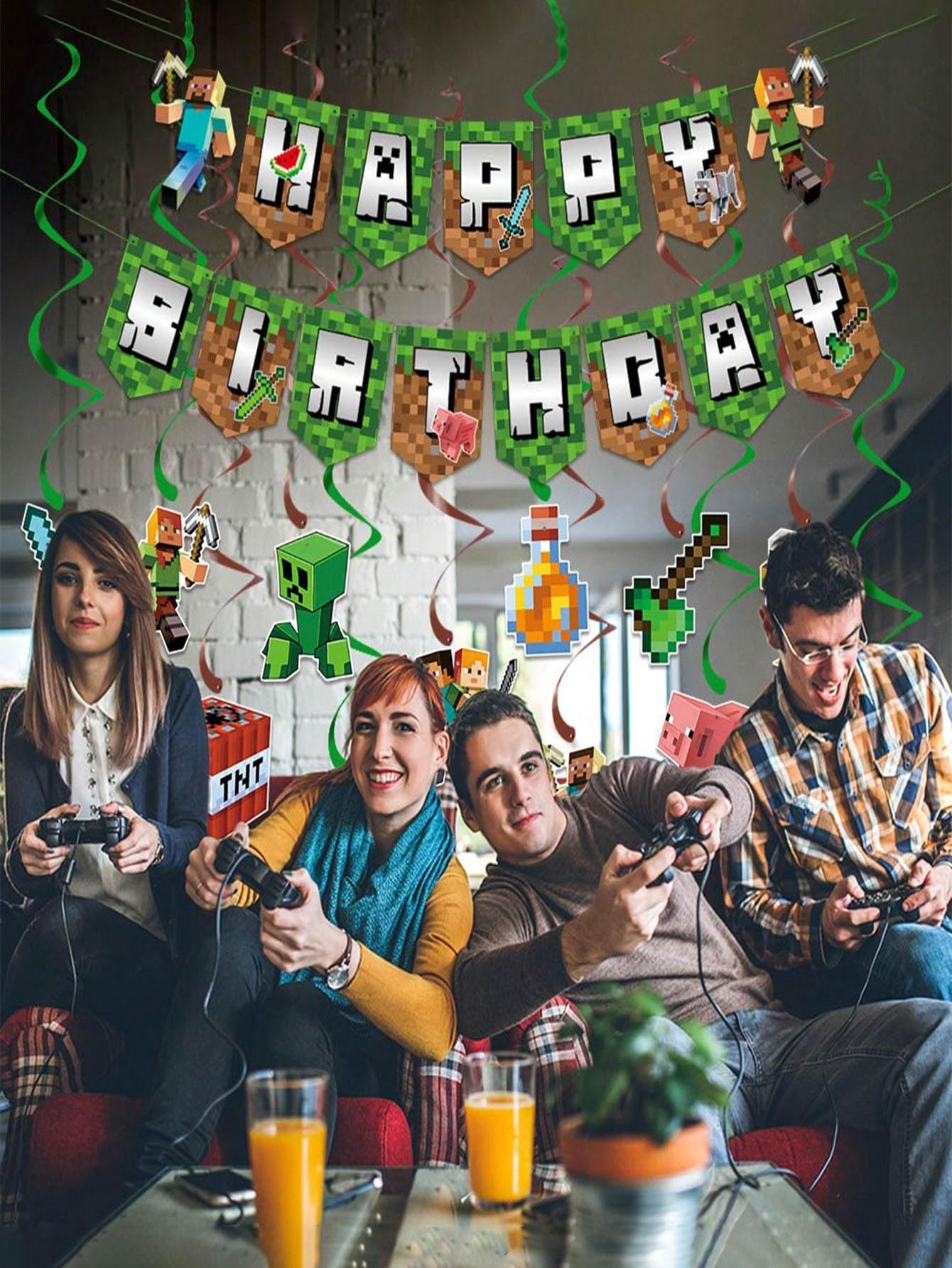 Pixel Art Game Theme Birthday Party Banner Set, Spiral Hanging Decorations, Wall & Background Decoration, Holiday Party Supplies