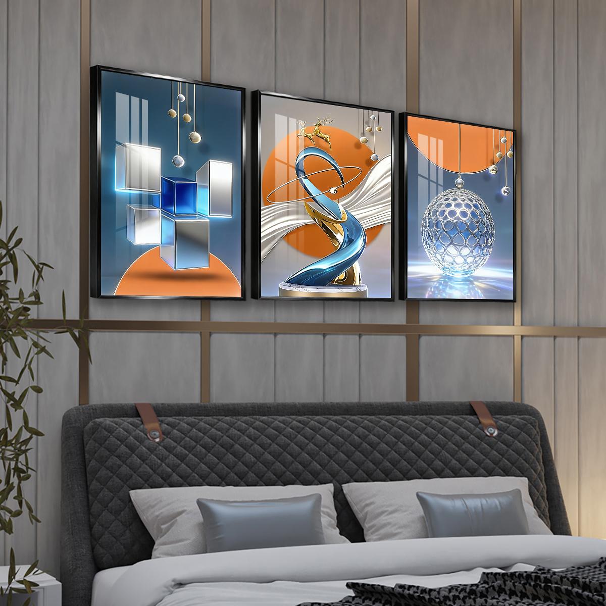 3 Counts Aluminum Alloy Framed Painting, Modern Abstract Geometric Sphere And Cube Art, Home Decoration For Living Room, Bedroom, Office, Restaurant, Hallway Wall Decor, Odorless Print Artwork, Luxury Perfect Gift For Friends And Family