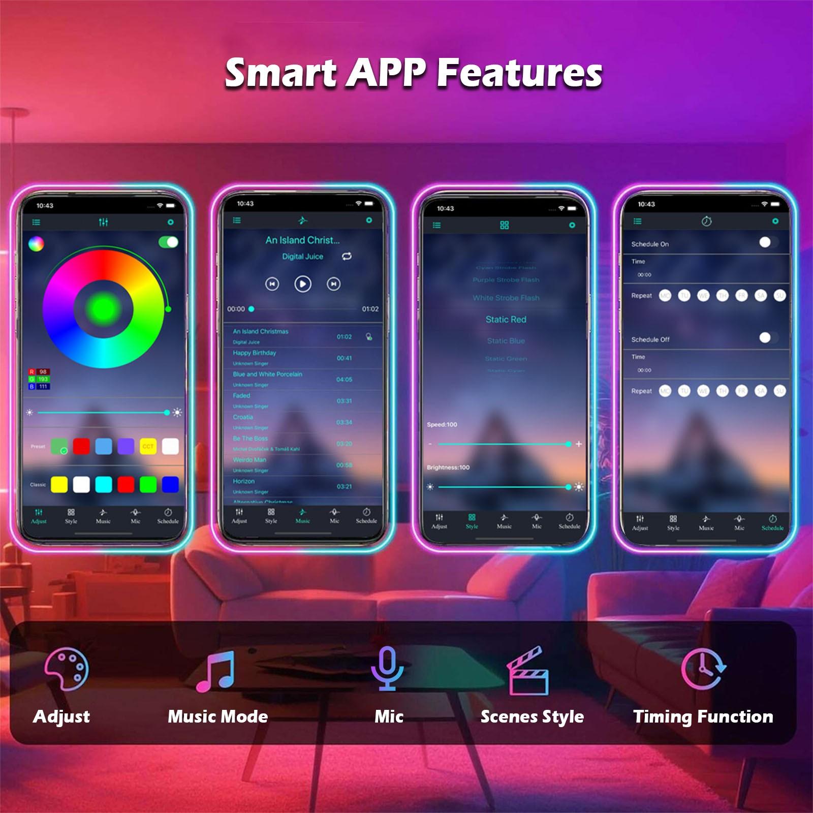 39.37-1574.8 Feet LED Smart Light Strip, APP or Remote Control with 44 Key Remote, Adjustable Color and Brightness, Light Dimmable for Home Decor