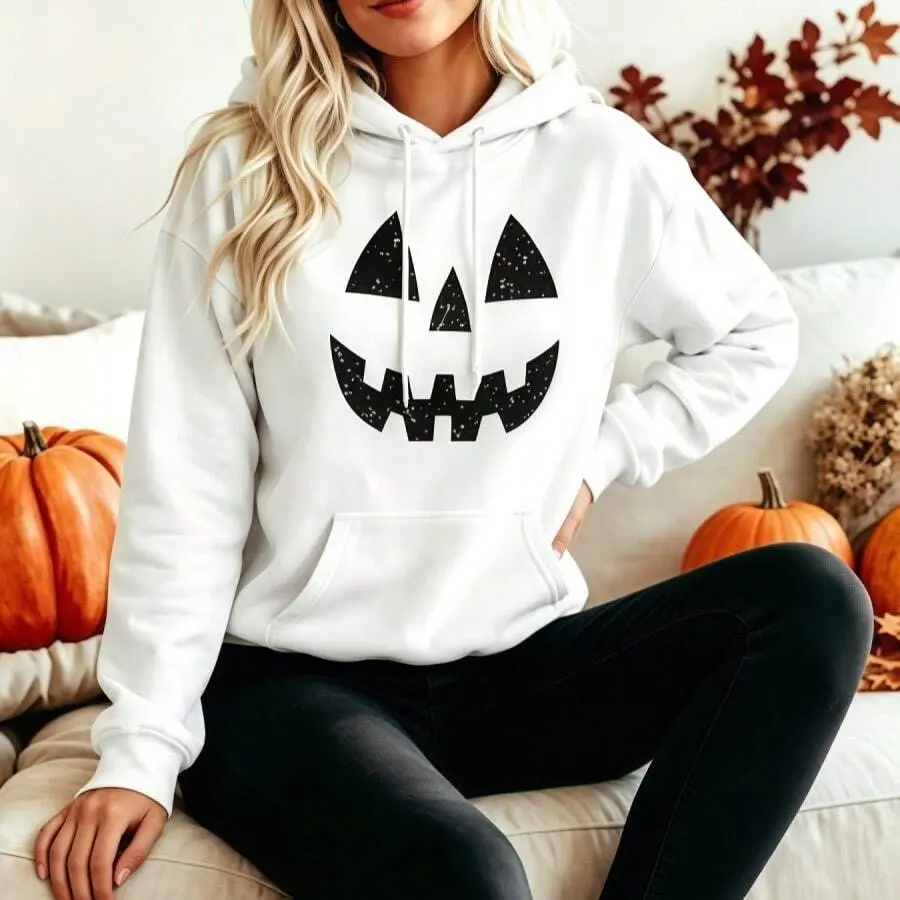 2026 Fall Winter Women Spooky Distressed Jack O Pumpkin Face Graphic Fleece Hoodie Casual Oversized Long Sleeve Pullover Halloween Daily