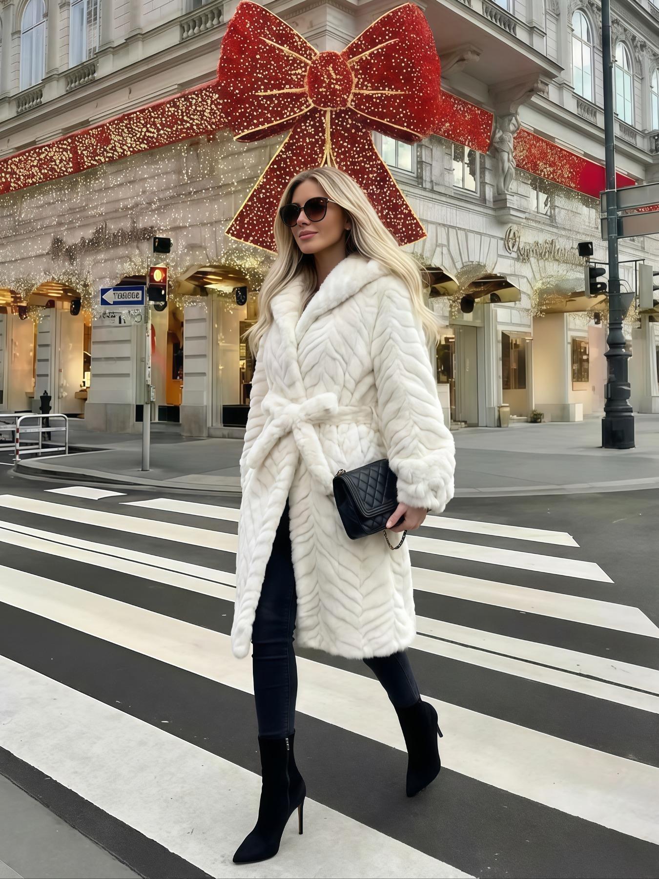 Women's Faux Fur Coat, Winter Fashionable Long Sleeve Hooded Jacket, Casual Loose Fit Medium-Length Outerwear for Daily Wear