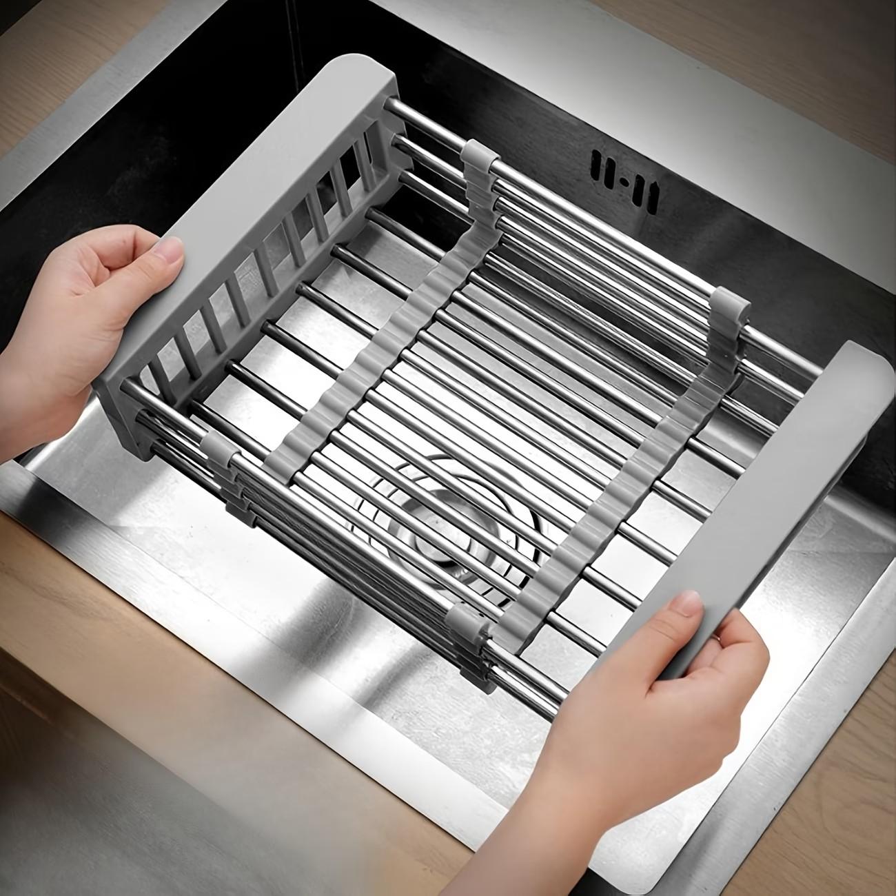 Stainless Steel Expandable Dish Drainer Rack, Space-Saving Striped Design, Ideal for Utensils and Cookware, Suitable for Sink and Countertop