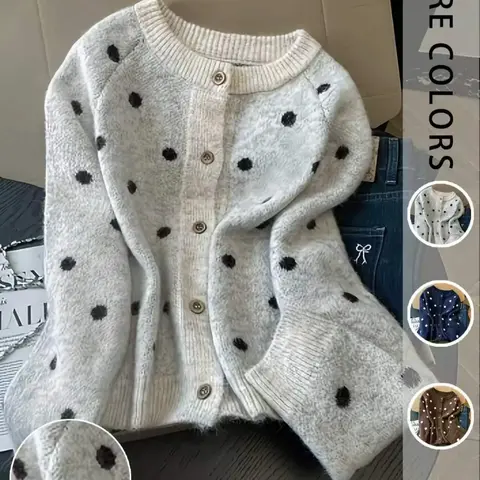 Women's Polka-Dot Knit Cardigan, Knitwear, Fall and Winter Round-Neck Button-Front Long-Sleeve Sweater for Daily Wear, Commuting, Picnics, and Parties