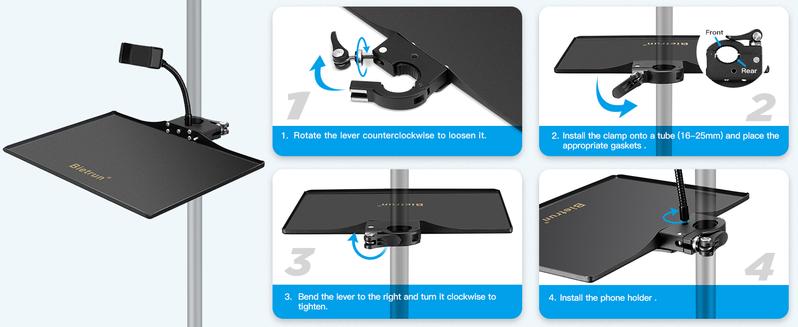 Metal Microphone Stand Tray, Larger Size(11.8'' x 8.1''), Universal Adjustable Mic Stand Tray with Phone Holder, Clamp on Tray for Music Stand, Picks, Capos, Tuner, Singing(Only for 16-25mm Tube)